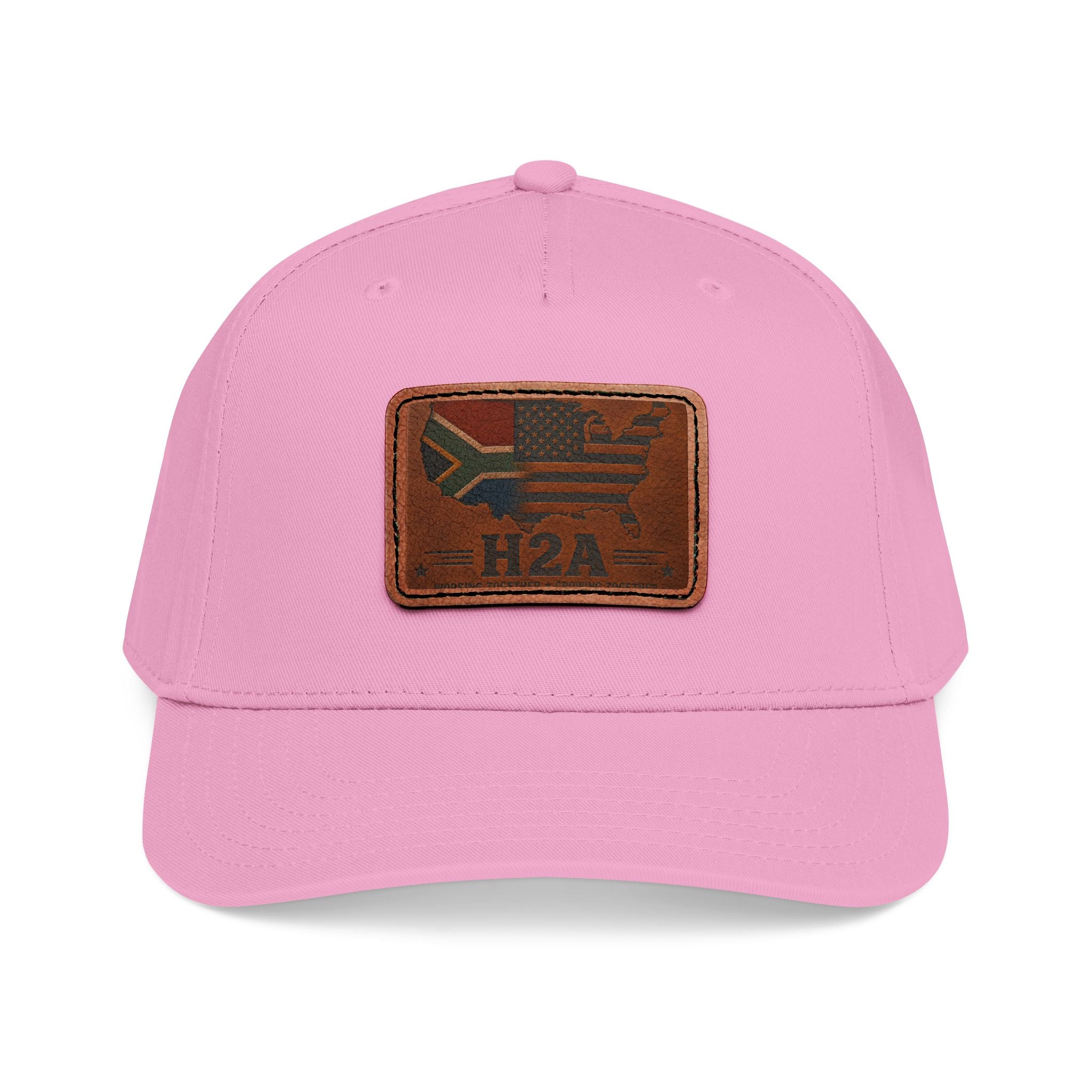 Pink leather patch baseball cap with rectangular H2A flag patch and curved brim