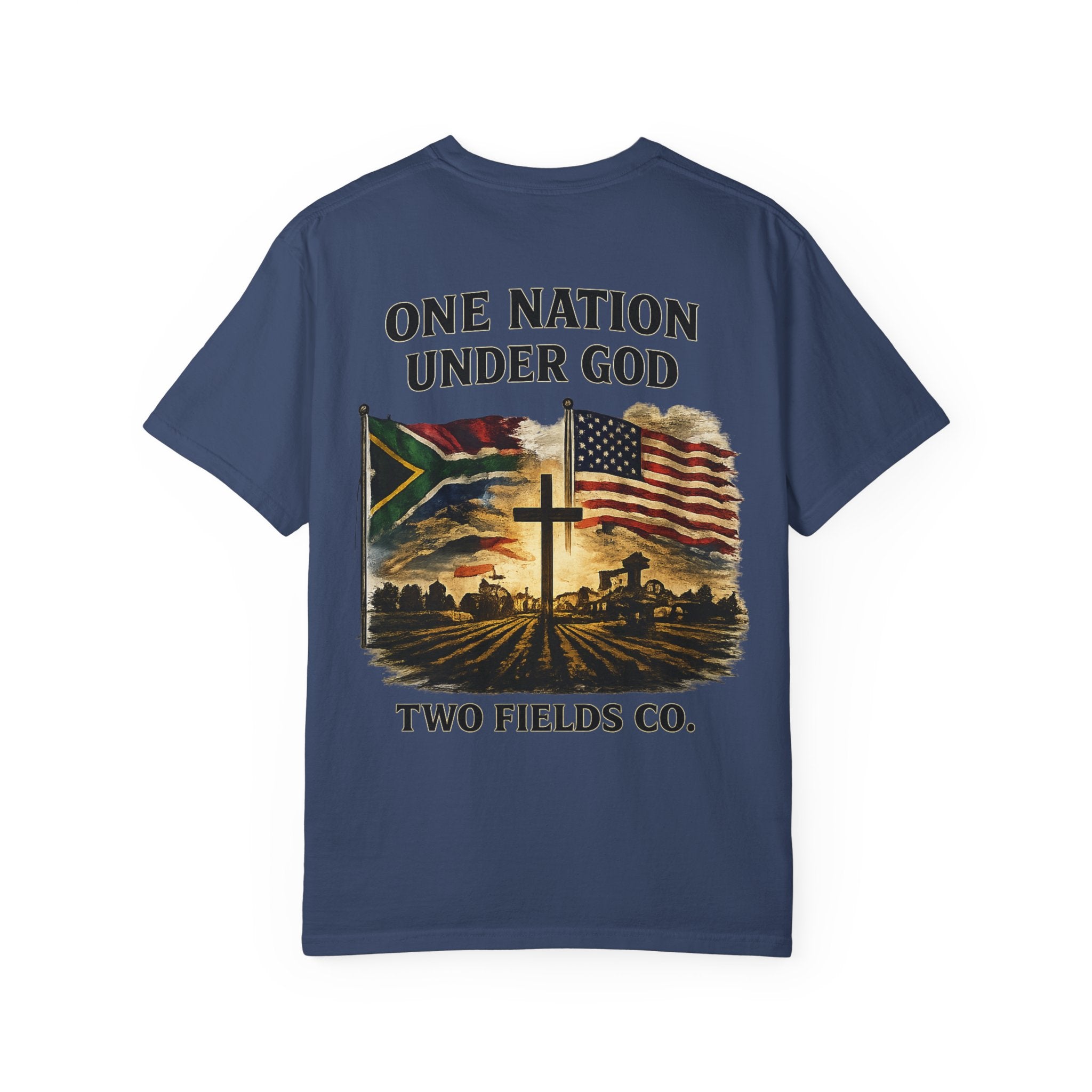 Navy T-shirt with “ONE NATION UNDER GOD” cross and American flag front graphic