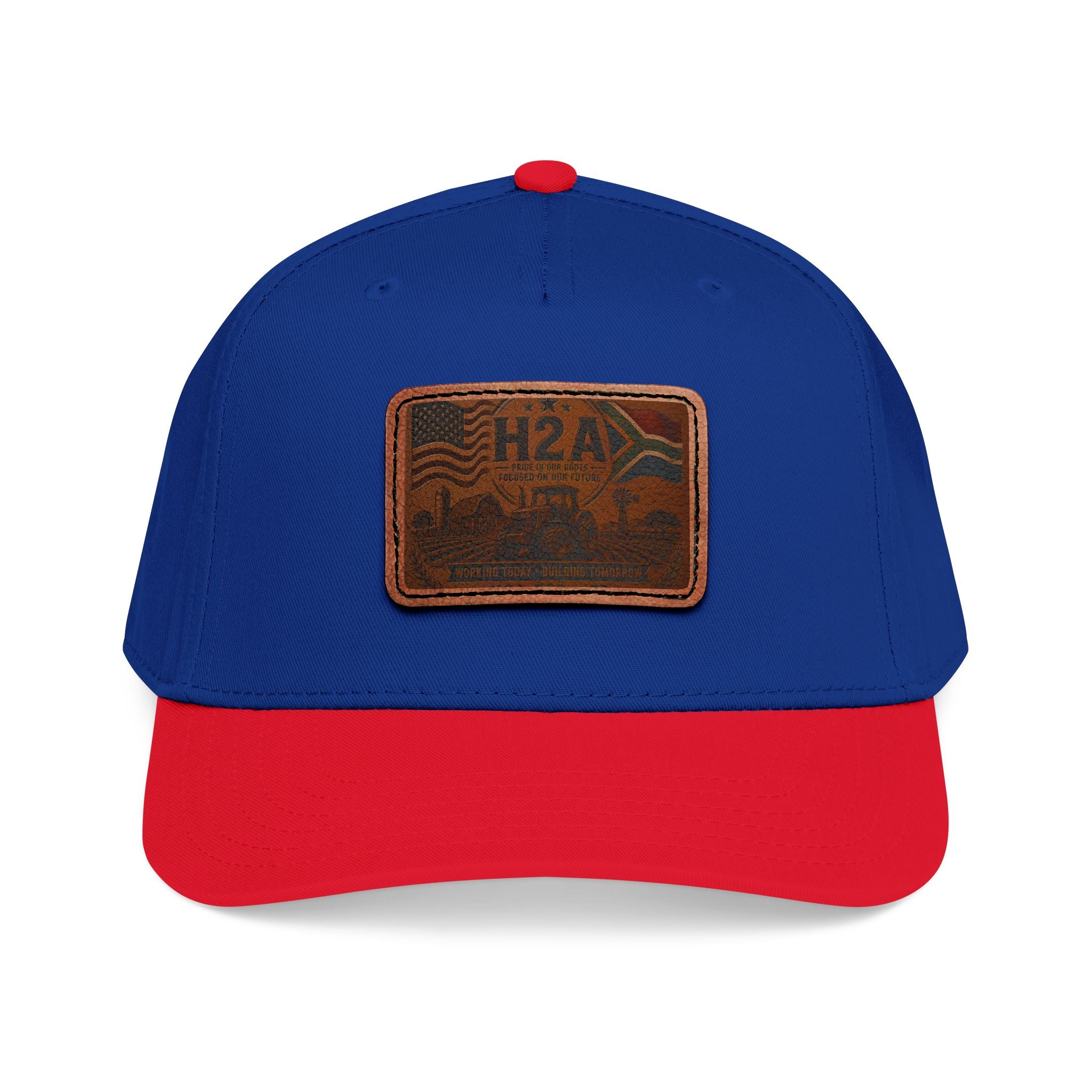 Leather patch baseball cap, royal blue and red with rectangular H2A truck patch on front