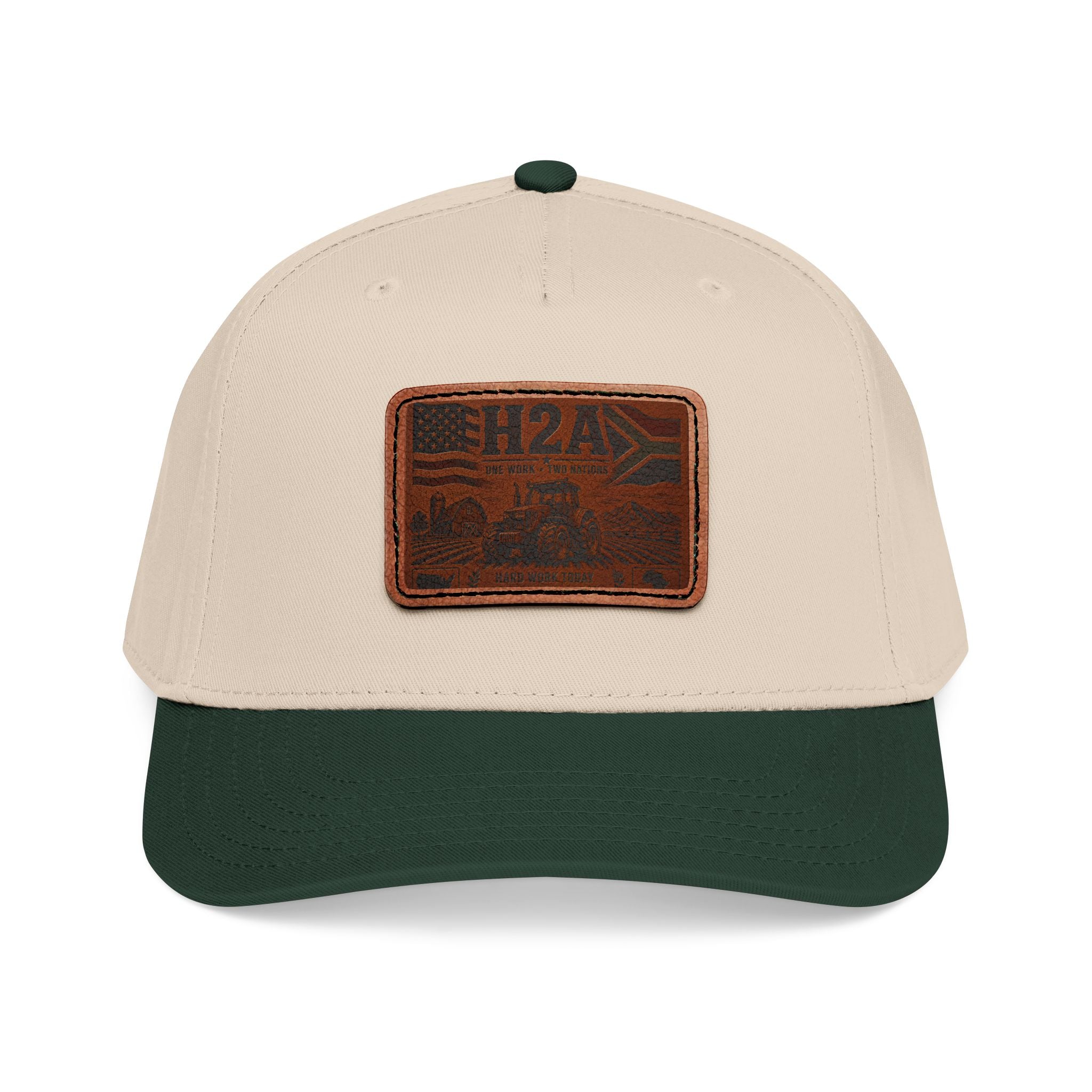 Leather patch baseball cap with rectangular H2A vintage truck patch; beige crown, dark green brim