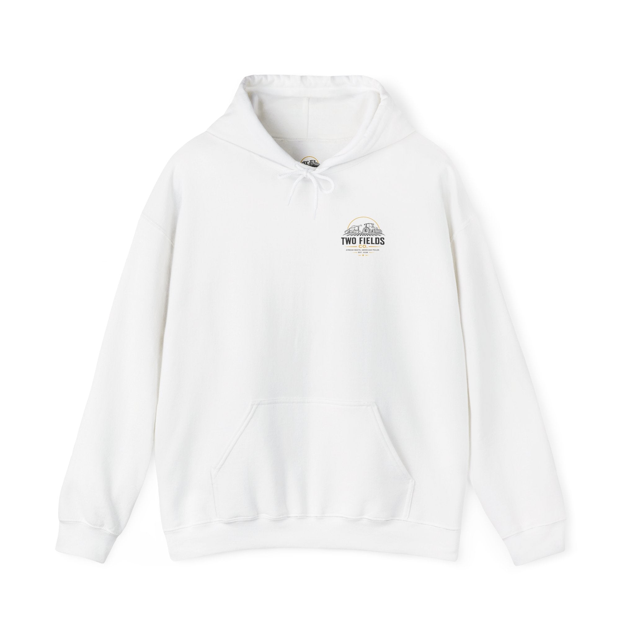 White hoodie with small sunset farm graphic on chest and front pocket
