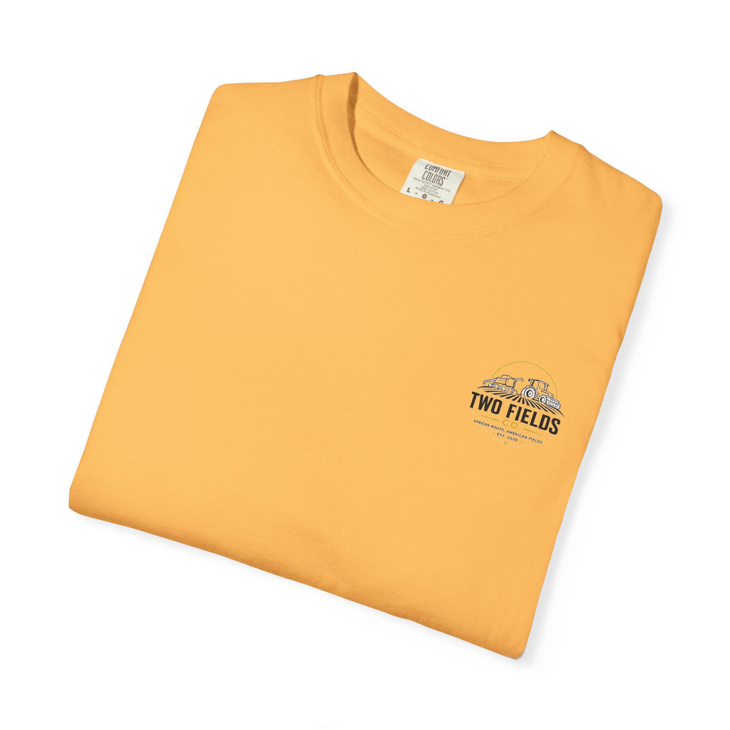 Mustard orange farm t-shirt folded, small Two Fields logo on left chest