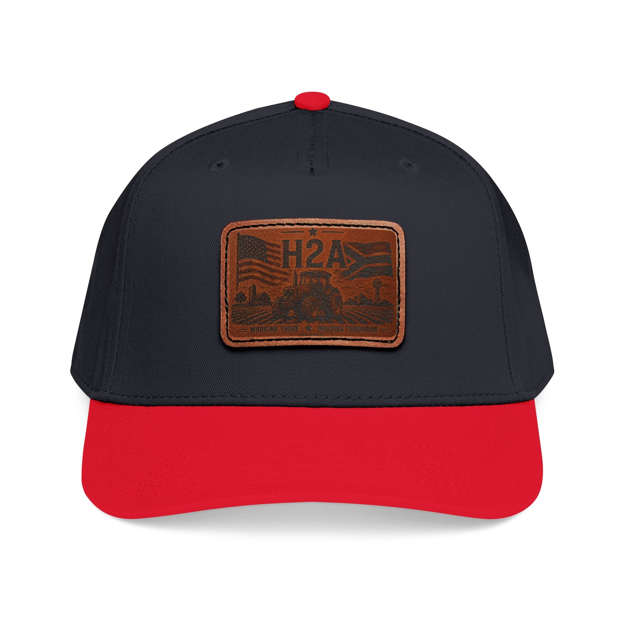 Black baseball cap with rectangular H2A patch on the front and red underbrim