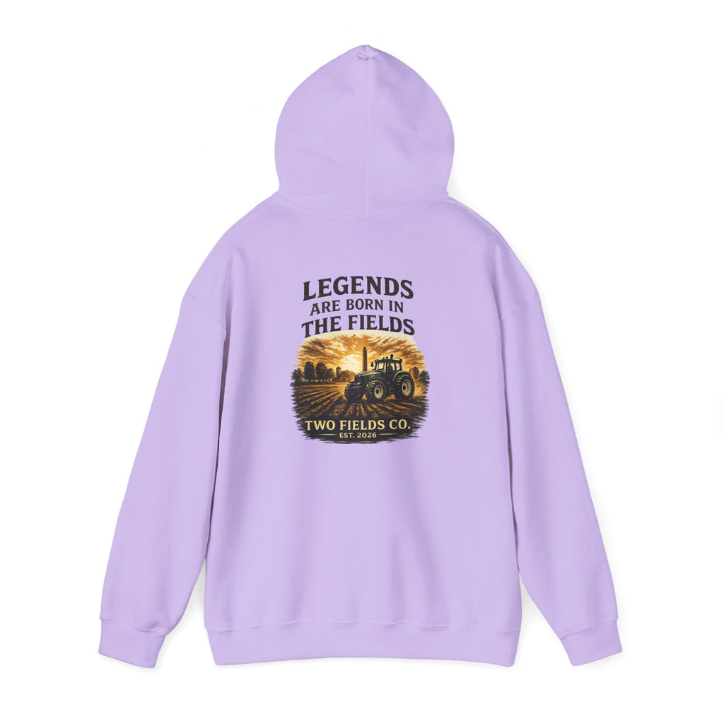 Lavender pullover hoodie with hood up and tractor scene graphic on back