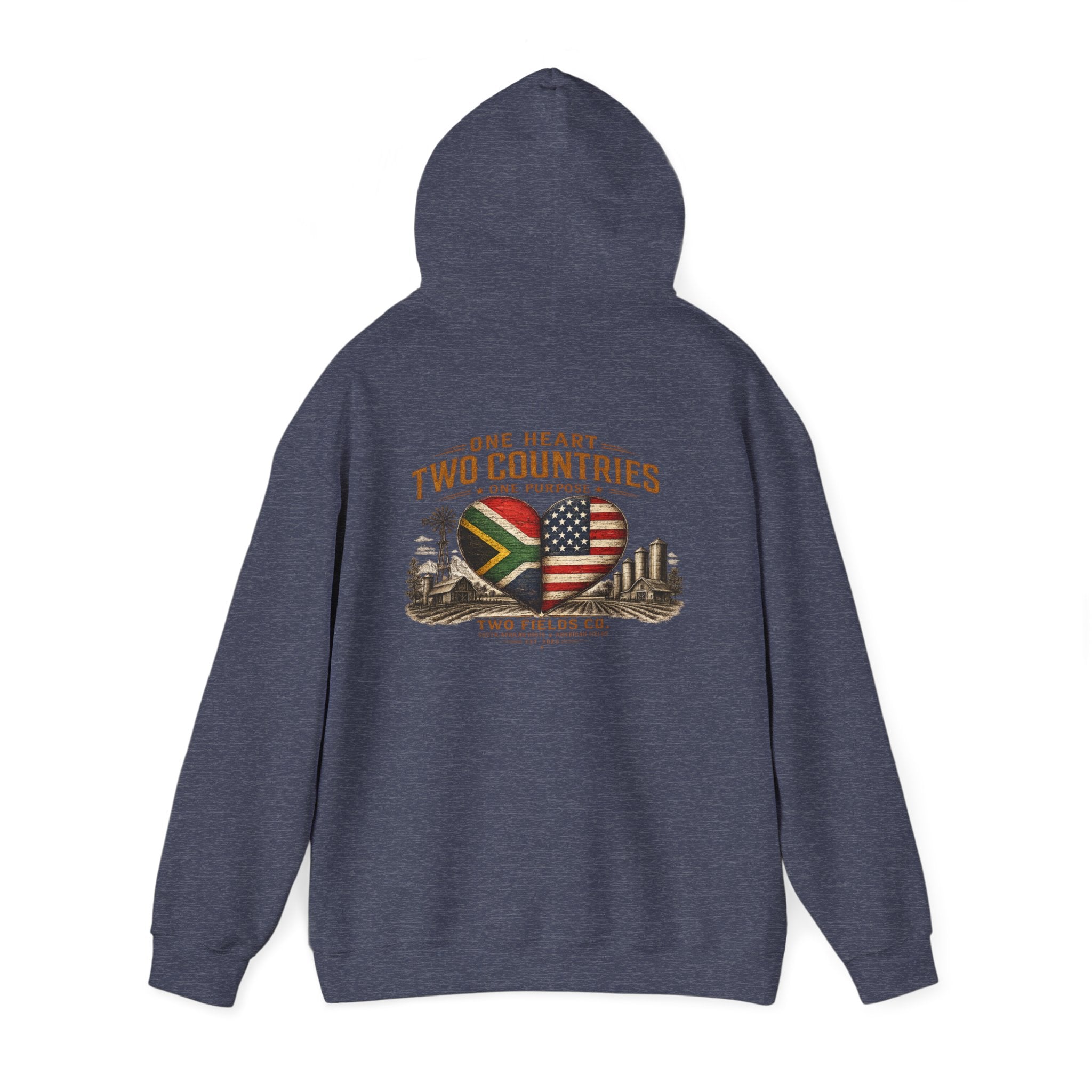 Navy pullover hoodie with hood and heart-and-flag graphic on back