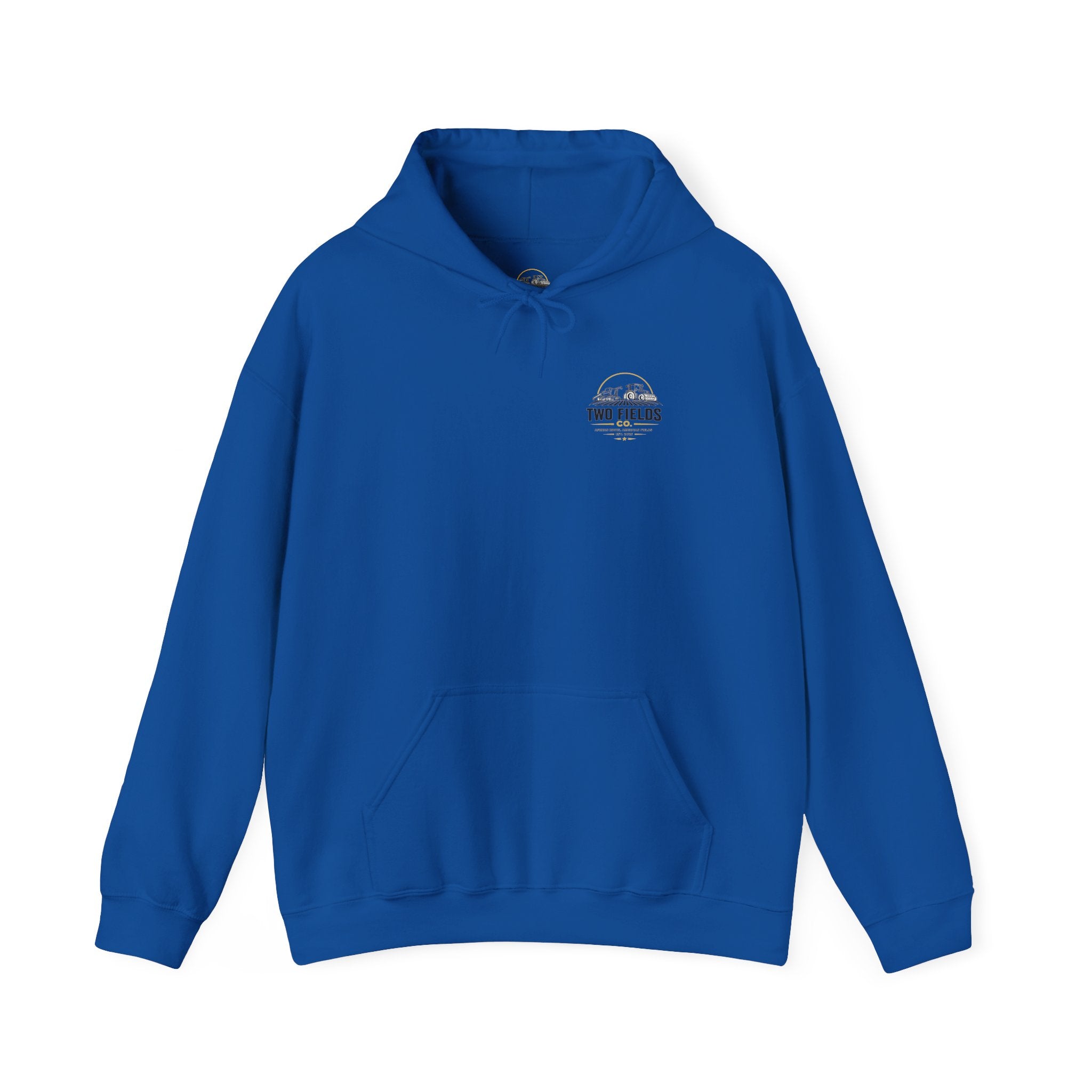Royal blue Two Fields tractor hoodie with hood and front pouch; small chest logo