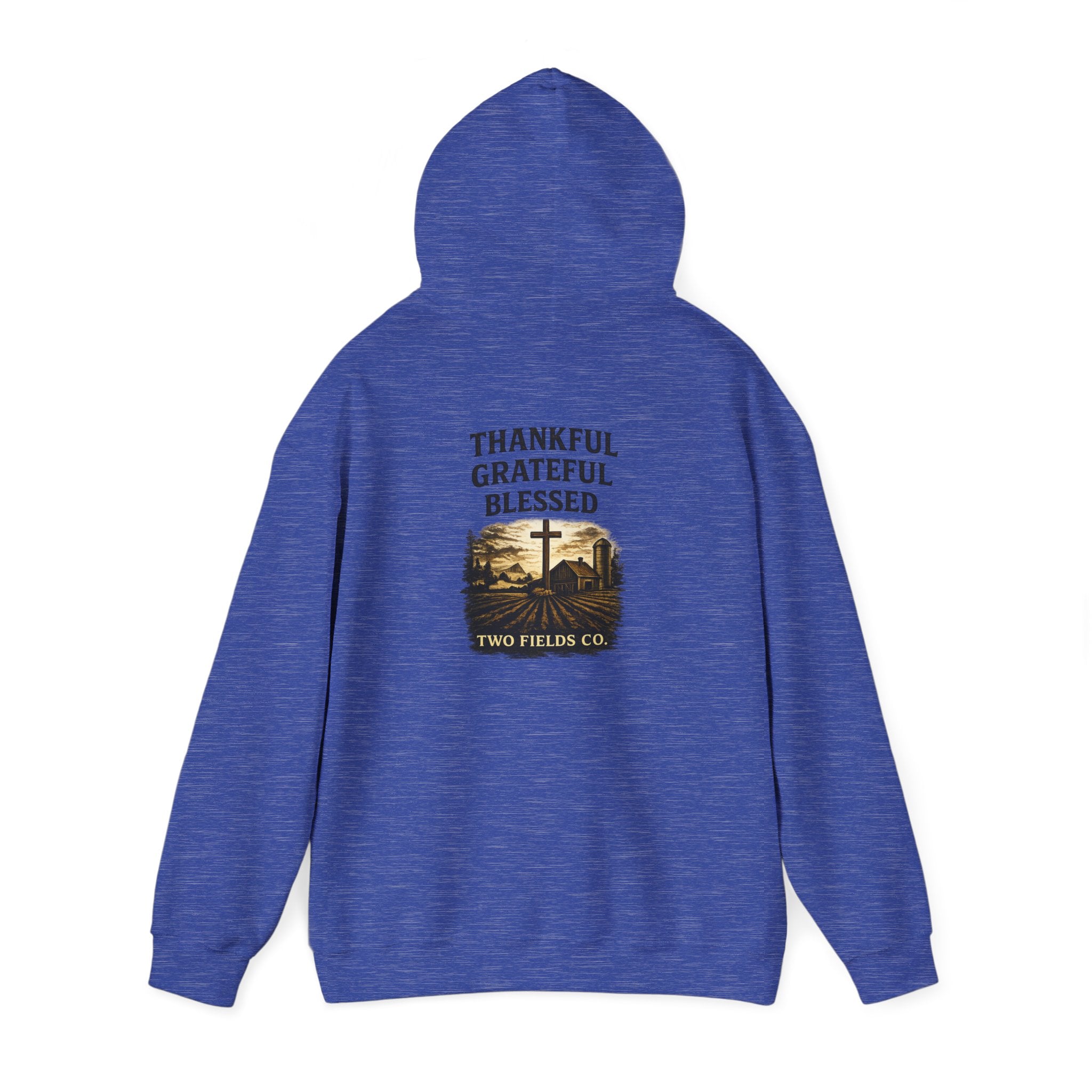 Heather blue Christian cross hoodie, back print with thankful, grateful, blessed