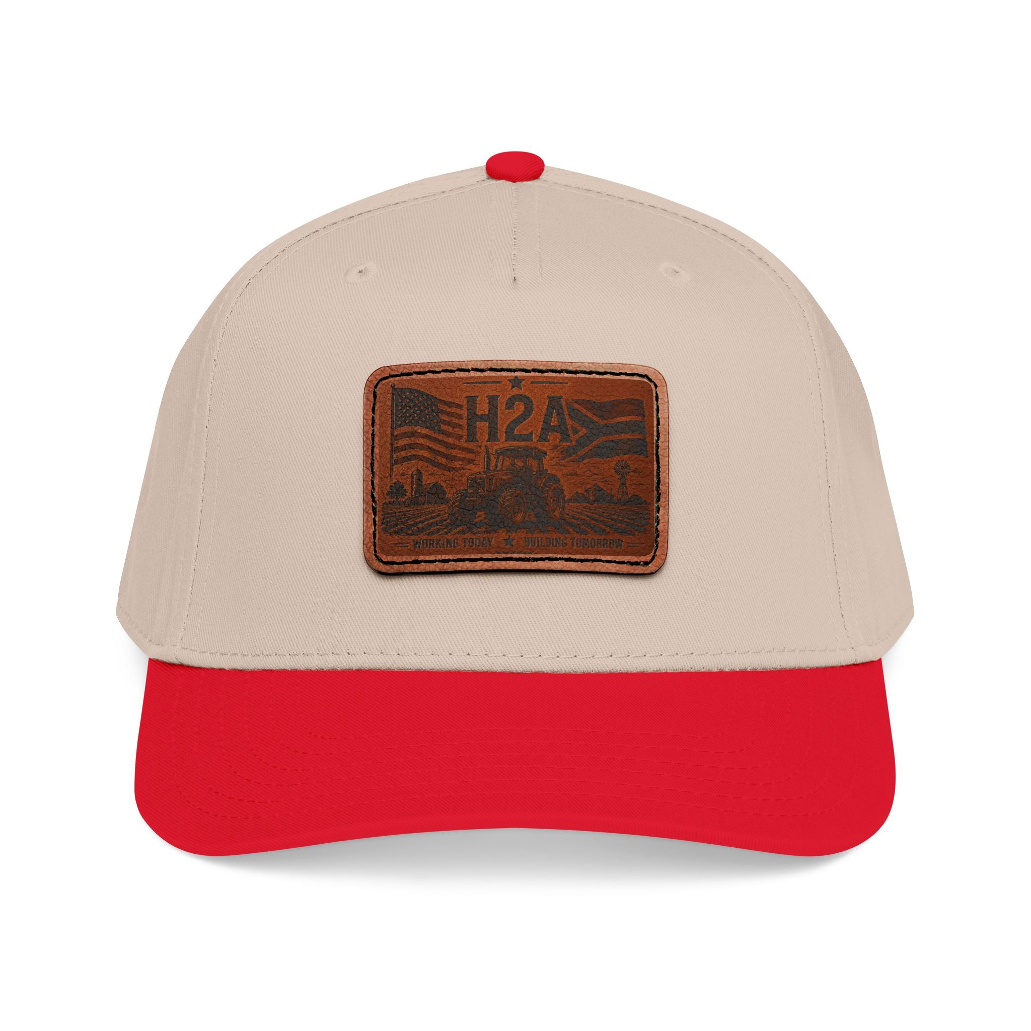 Leather patch baseball cap, beige crown and red brim with rectangle H2A patch
