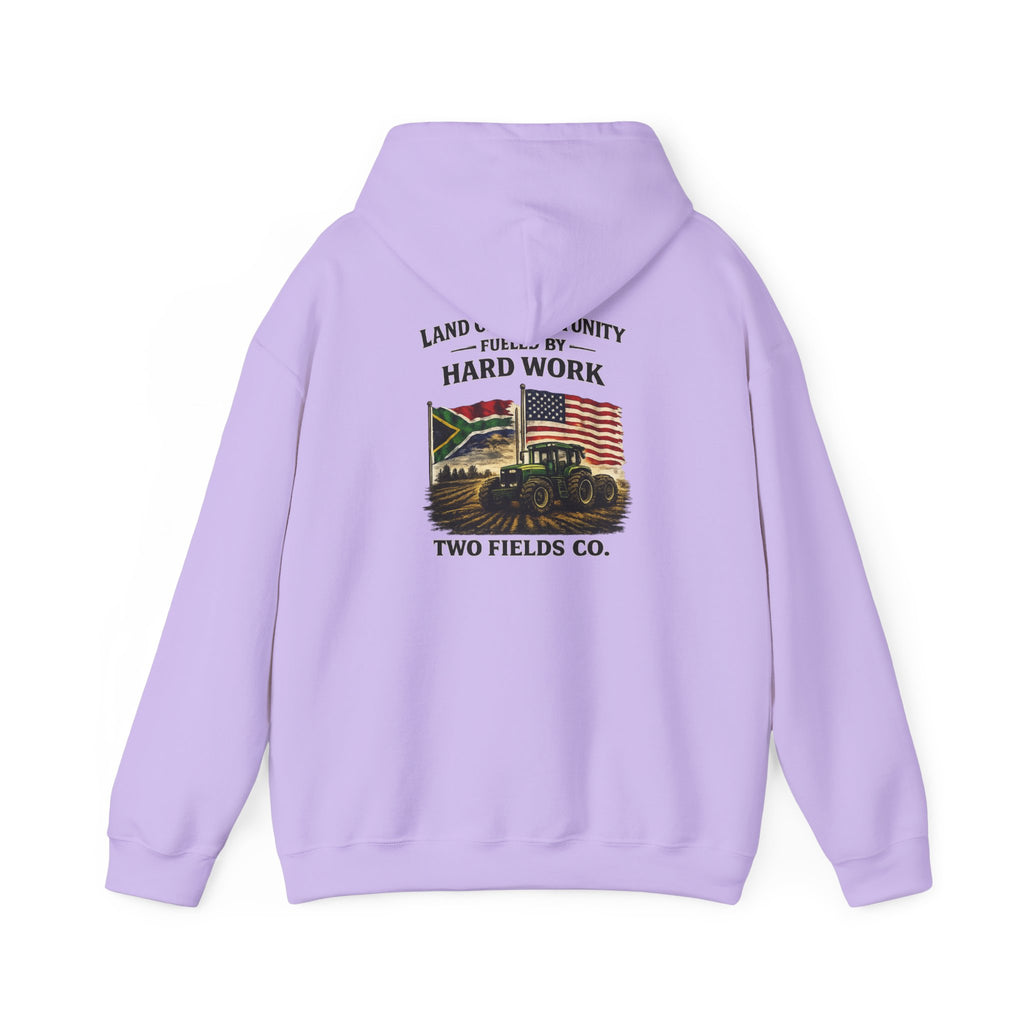 Light purple hoodie with hood and drawstring, back graphic with tractor and text