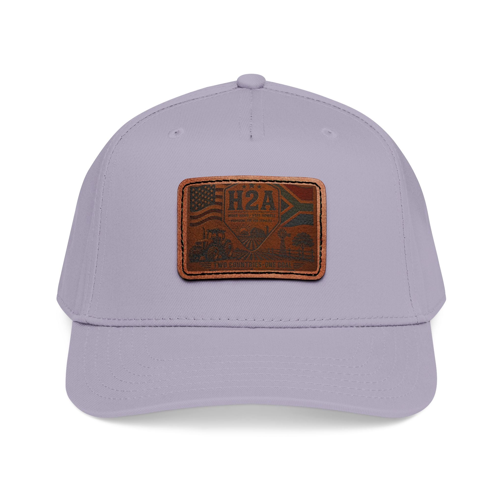 Light gray baseball cap with matching brim and rectangular H2A flag leather patch on front