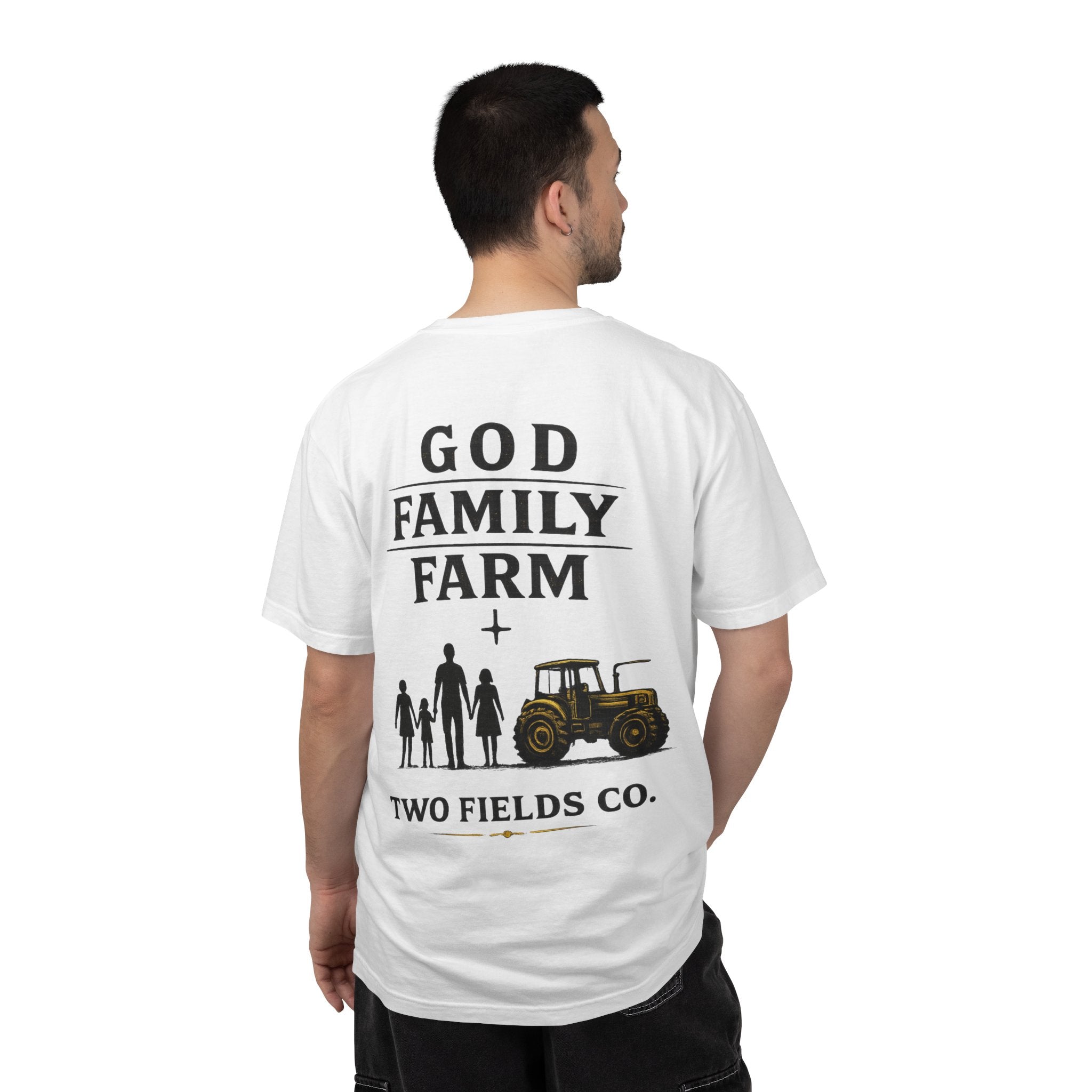 White family farm graphic T-shirt back with “God Family Farm” text and tractor