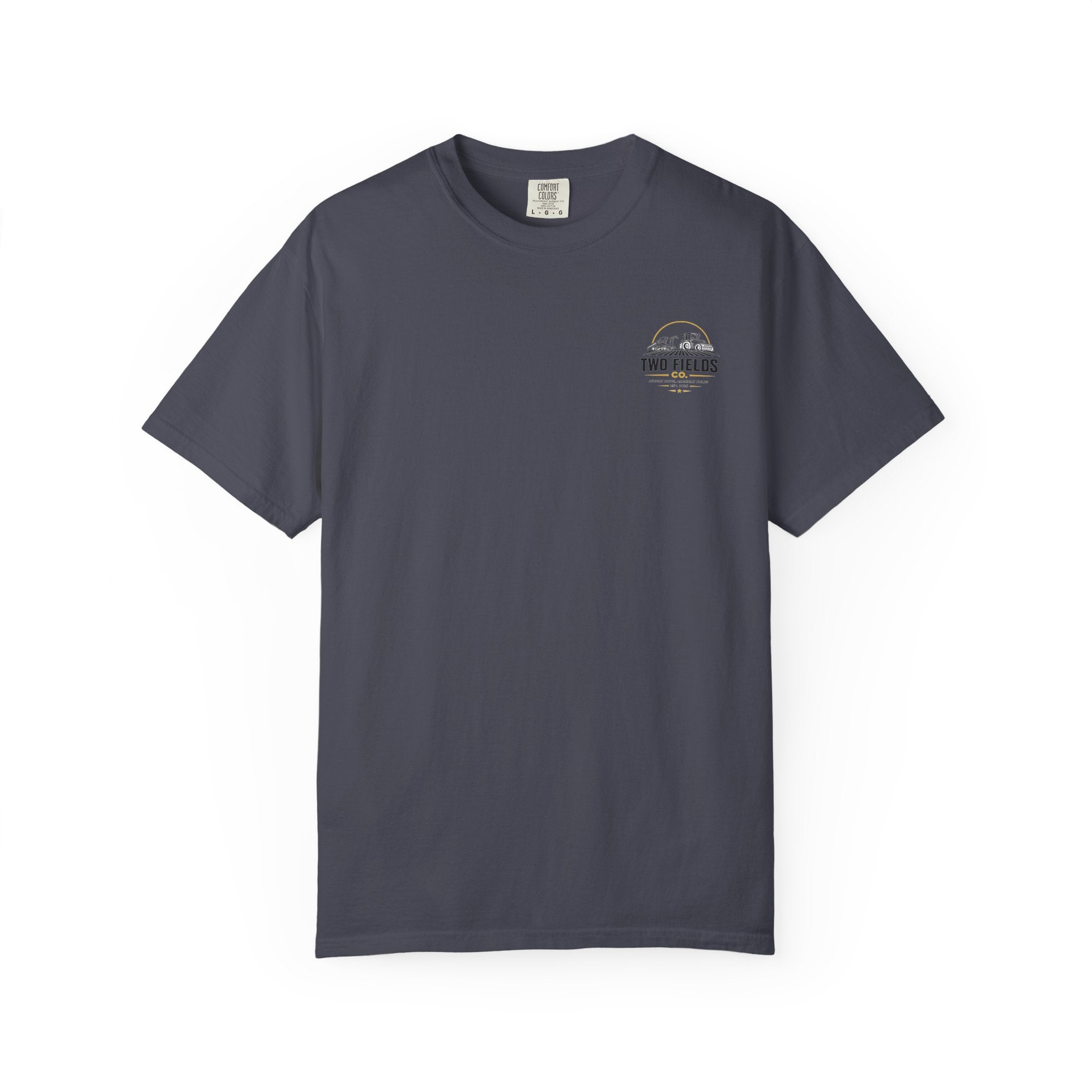 Dark slate graphic T-shirt with small chest logo print