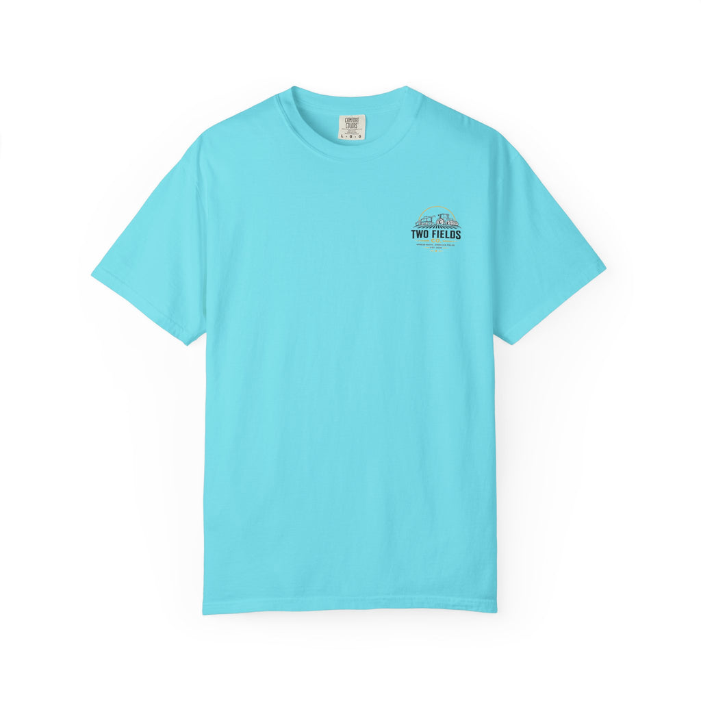 Two Fields tractor T-shirt, turquoise, small chest logo