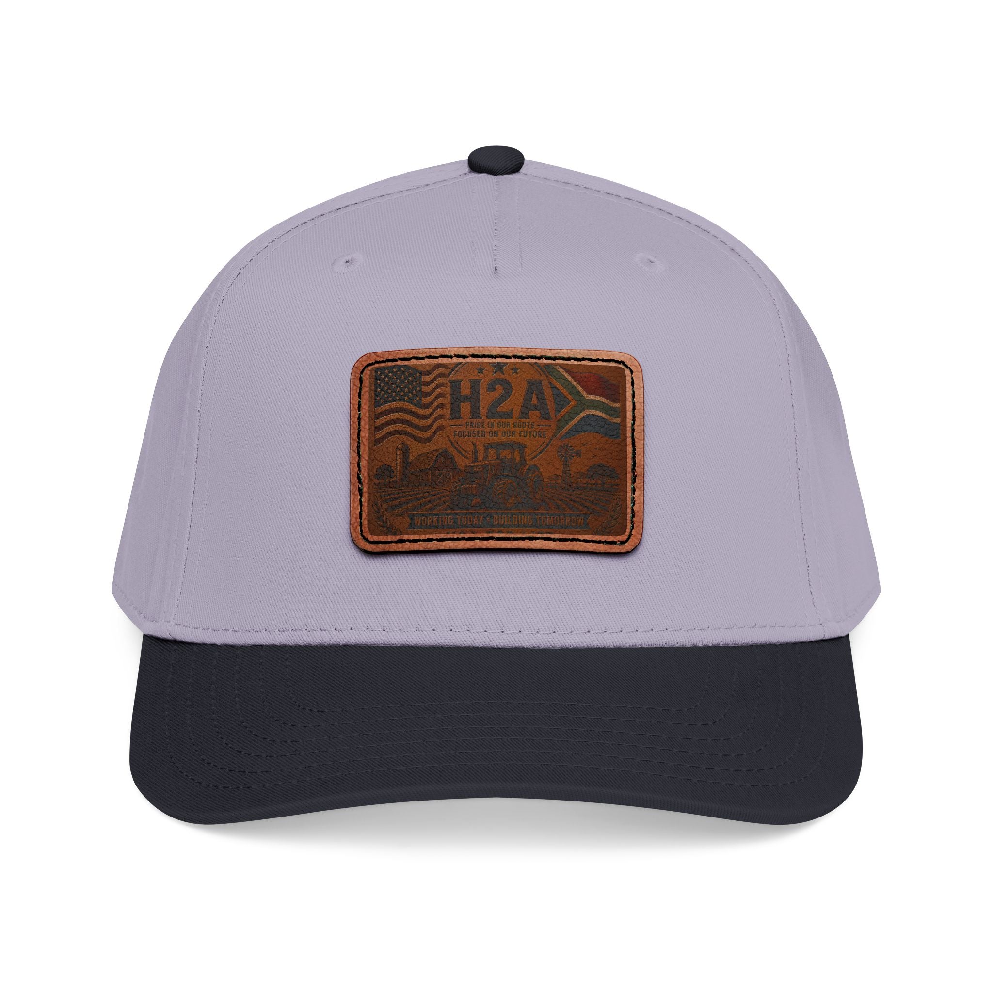 Two-tone baseball cap with H2A leather patch; light gray crown and black brim