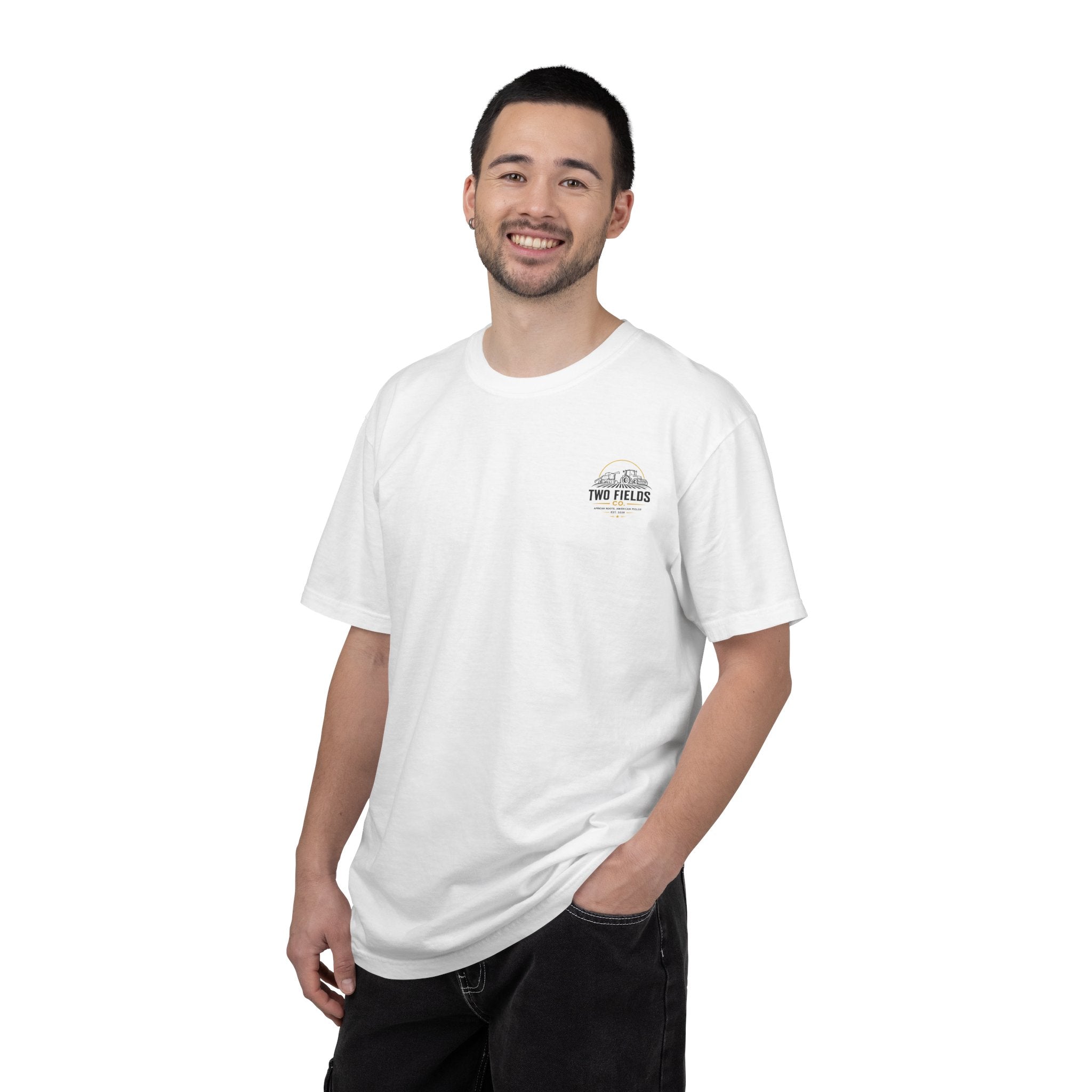 White family farm graphic T-shirt worn with small chest logo