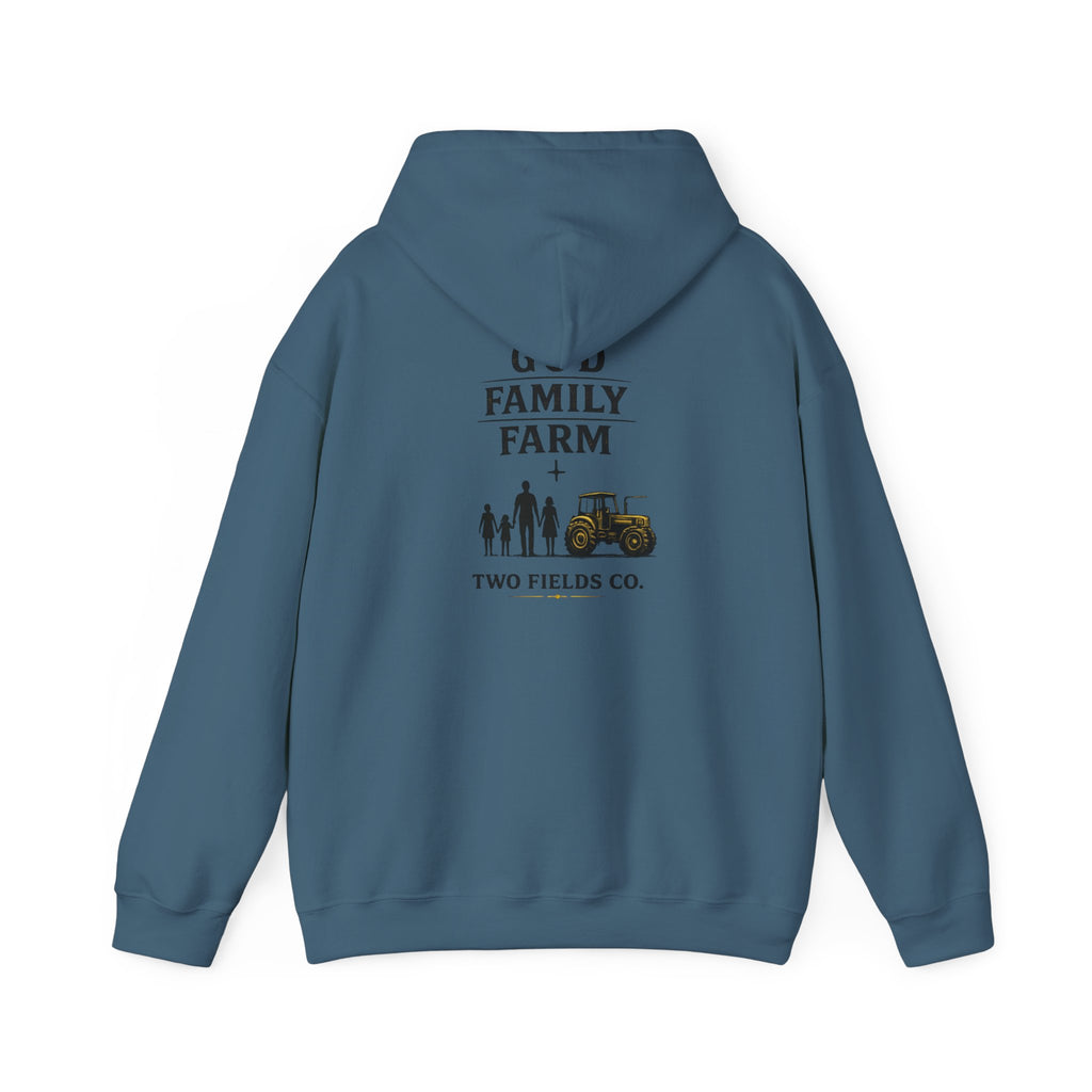 Blue hoodie with back print reading "Family Farm" plus tractor graphic