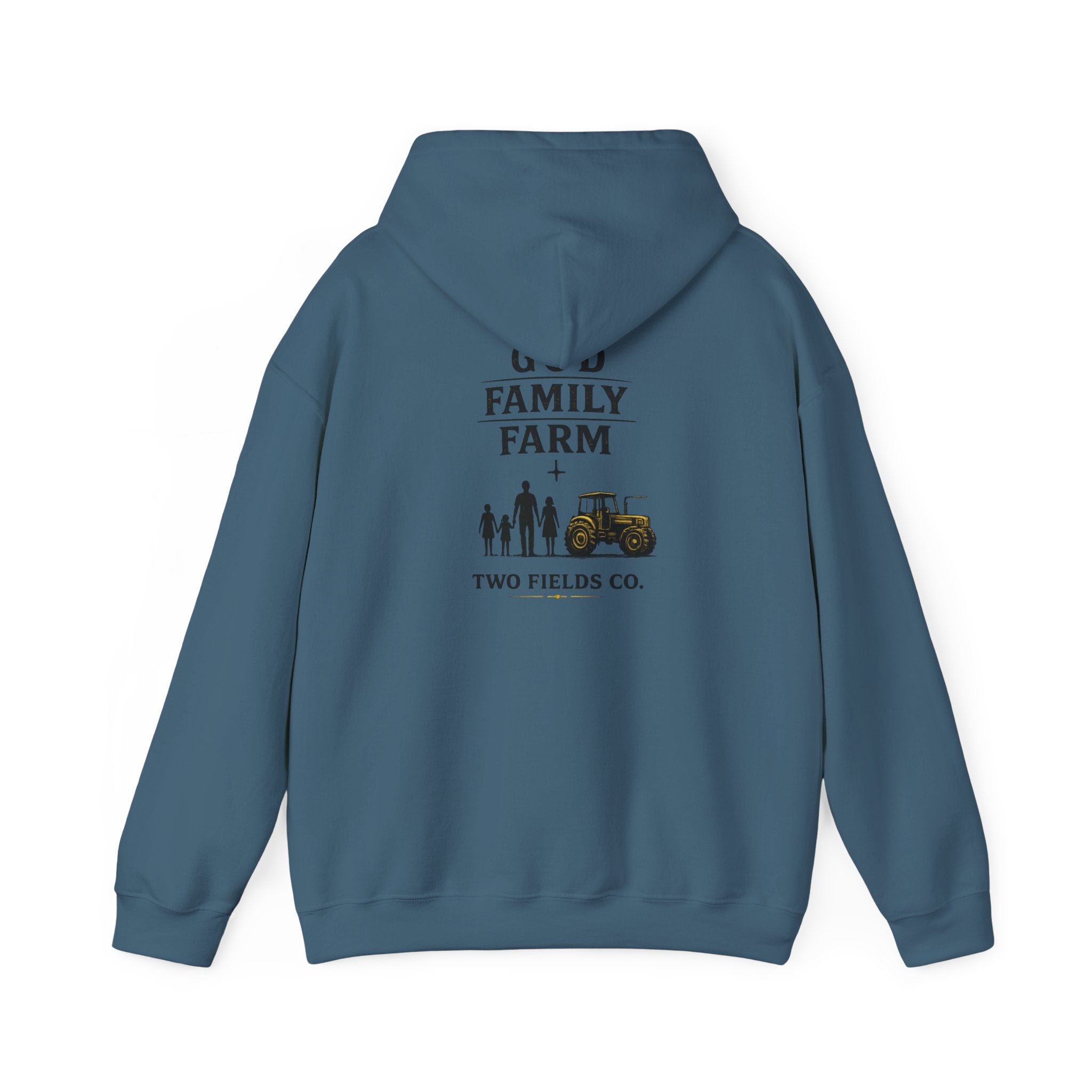 Blue hoodie with back print reading "Family Farm" plus tractor graphic