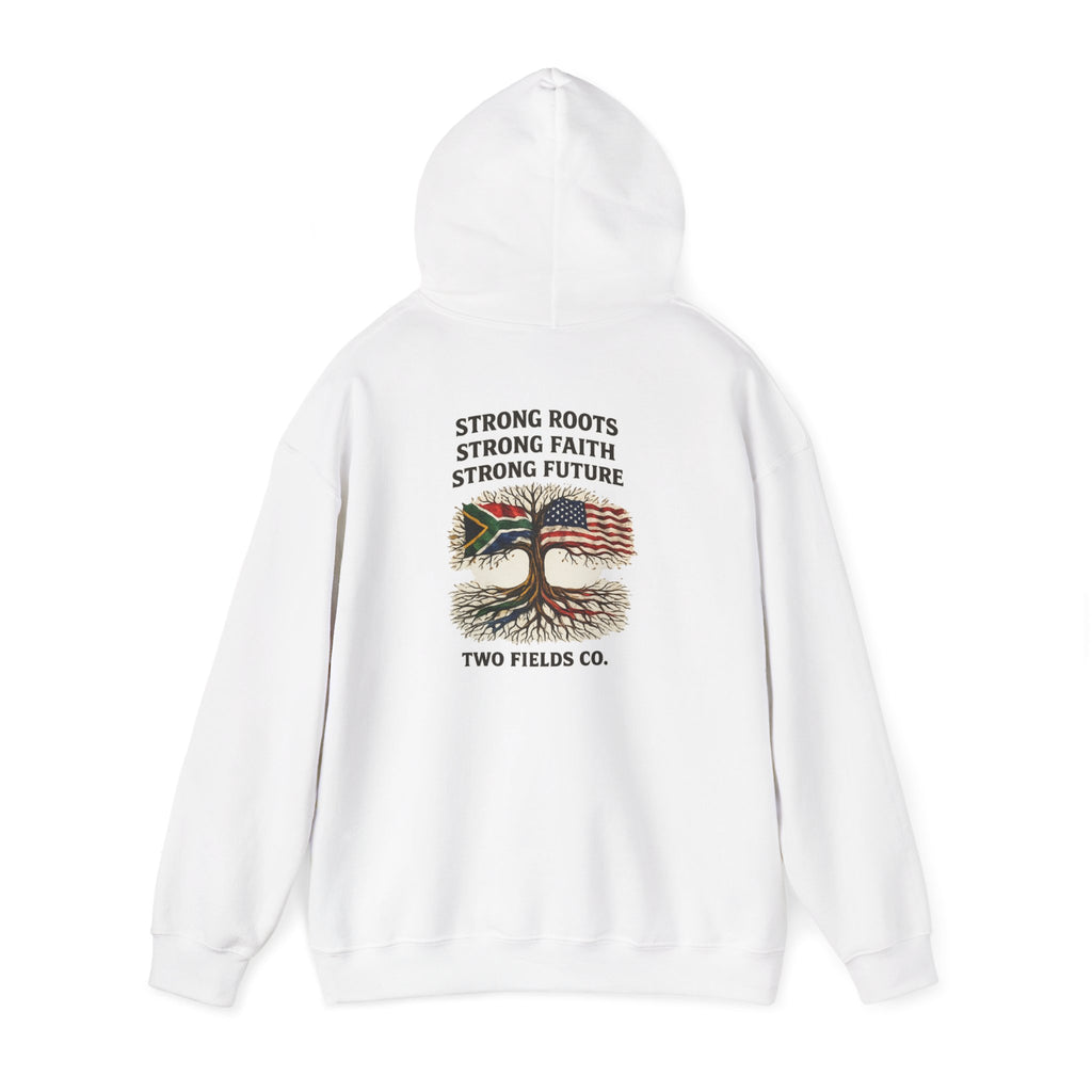 White hoodie with back graphic text and tree-and-flag design on the hood