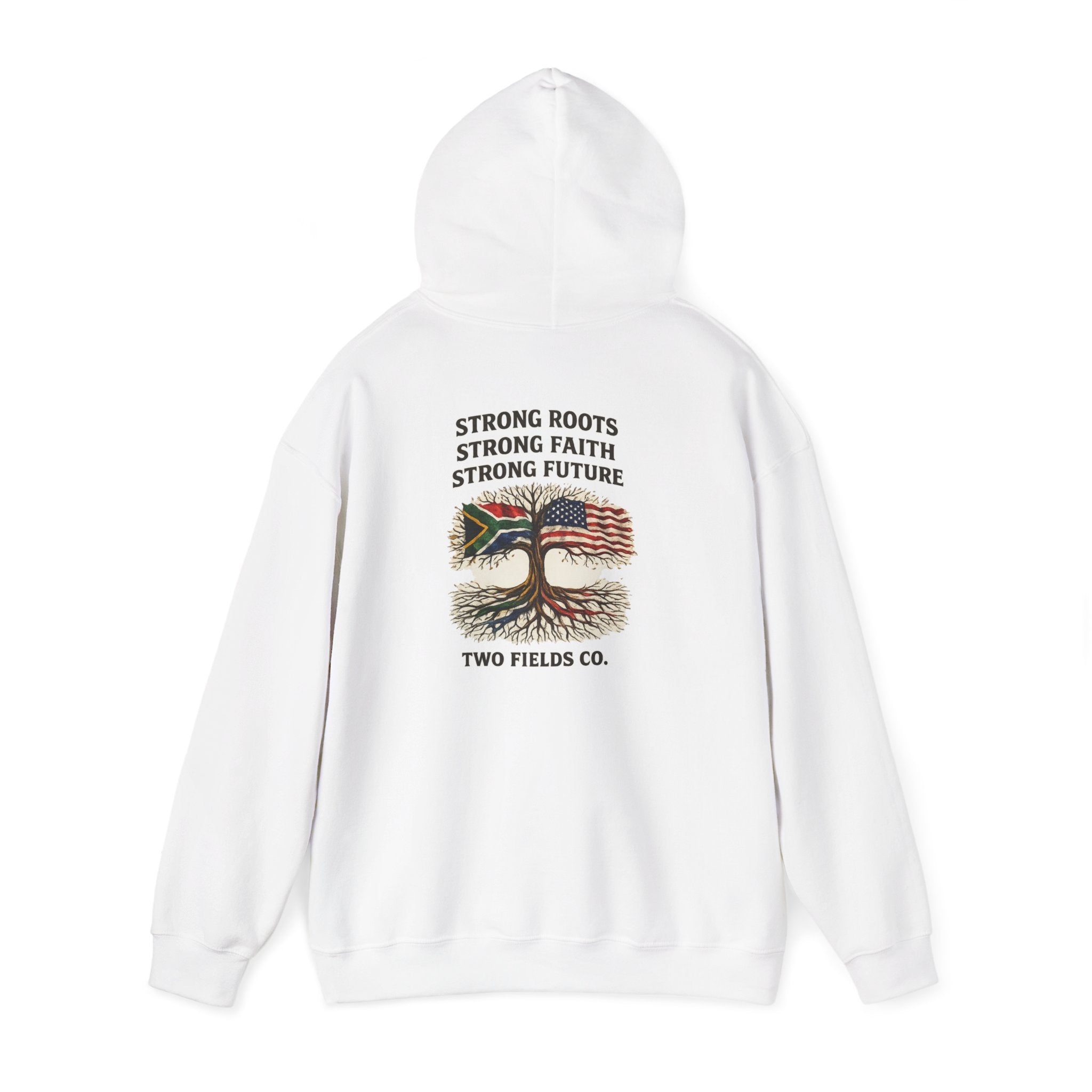 White hoodie with back graphic text and tree-and-flag design on the hood