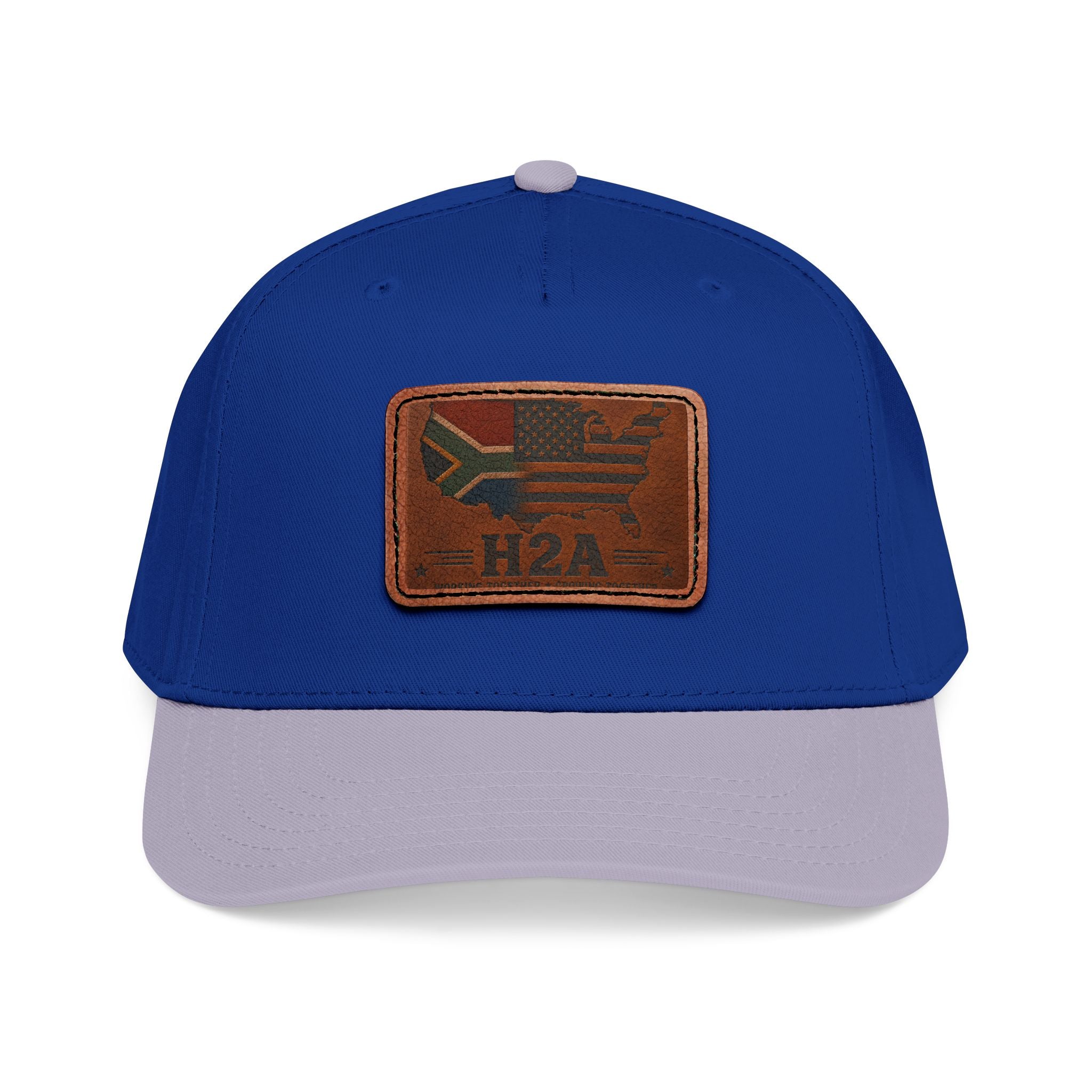 Blue baseball cap with light brown rectangular H2A flag leather patch