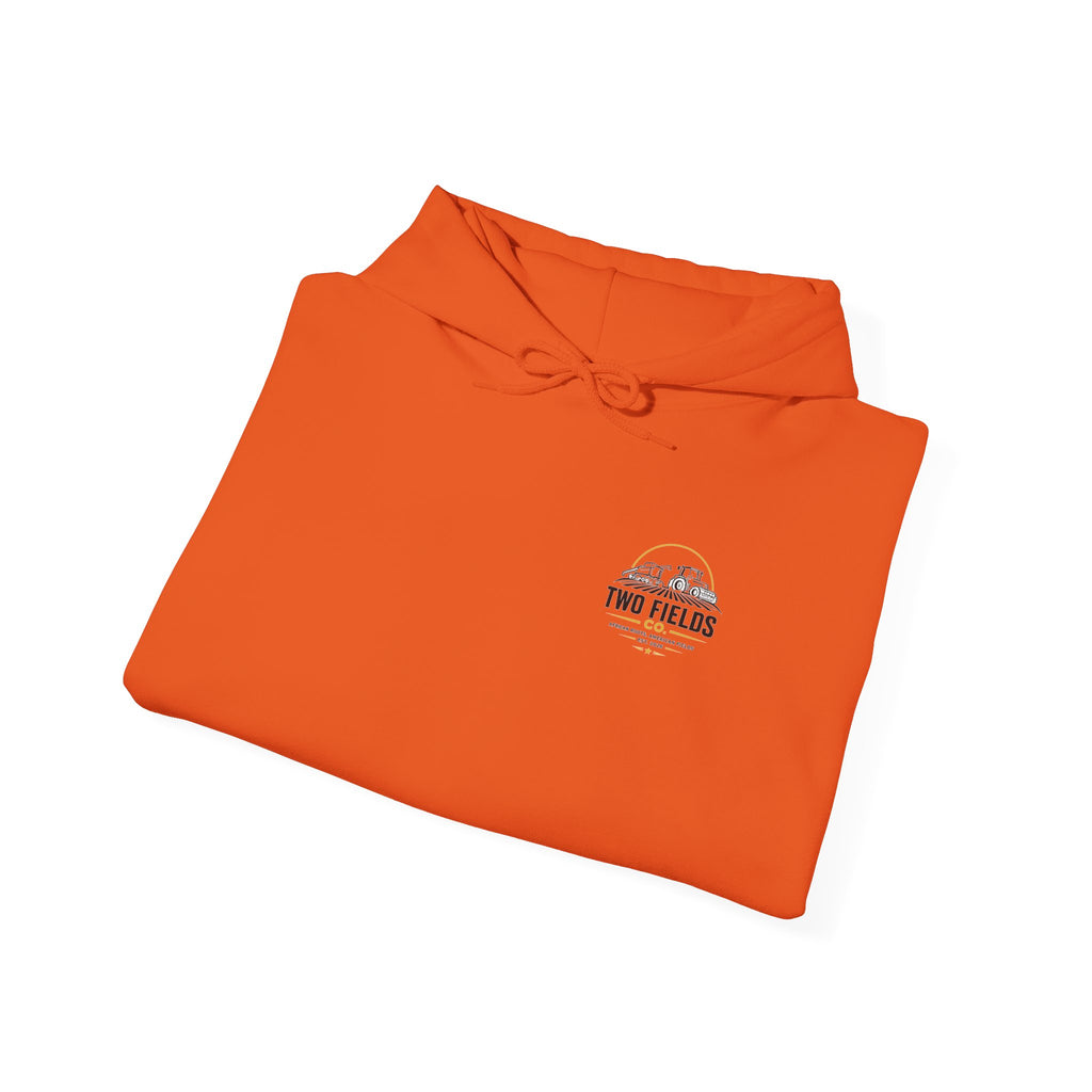 Orange folded pullover hoodie with small vintage logo on chest