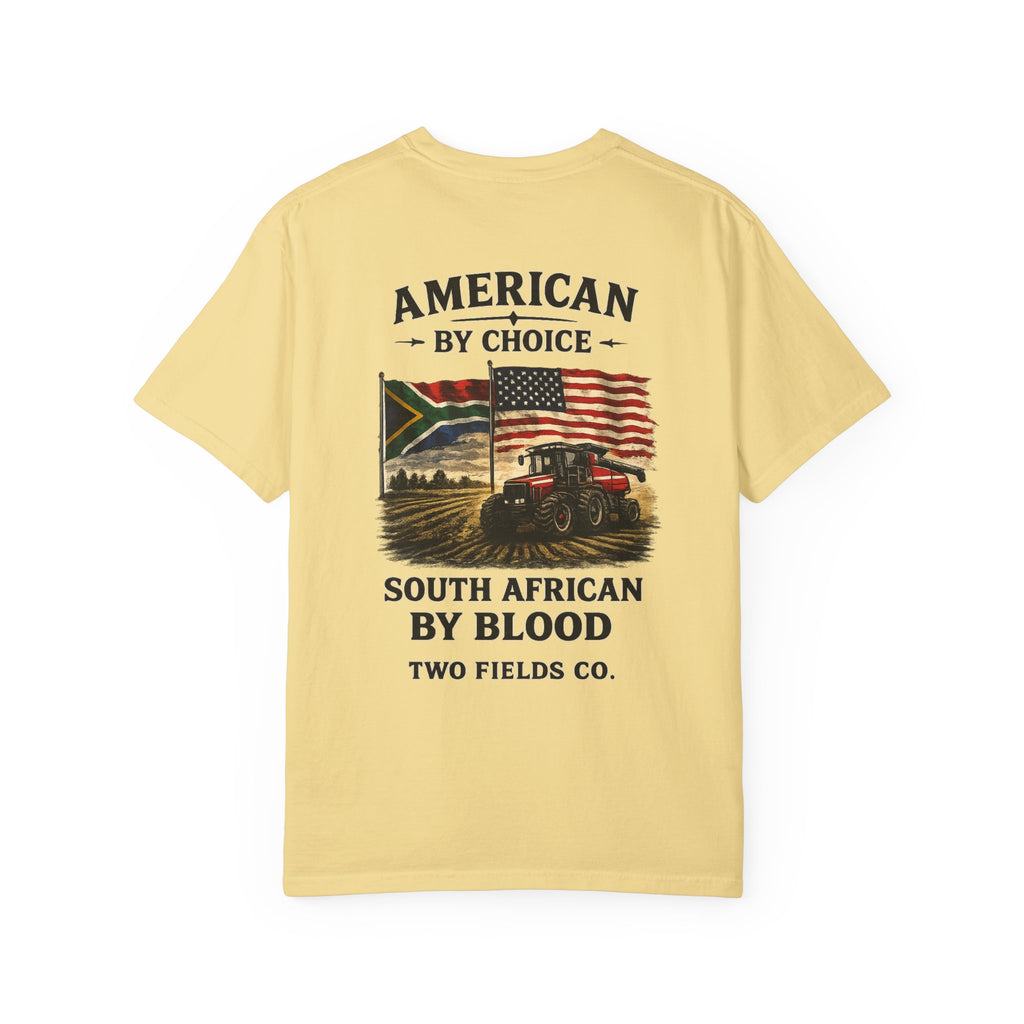 Butter yellow T-shirt with large front graphic text and flags