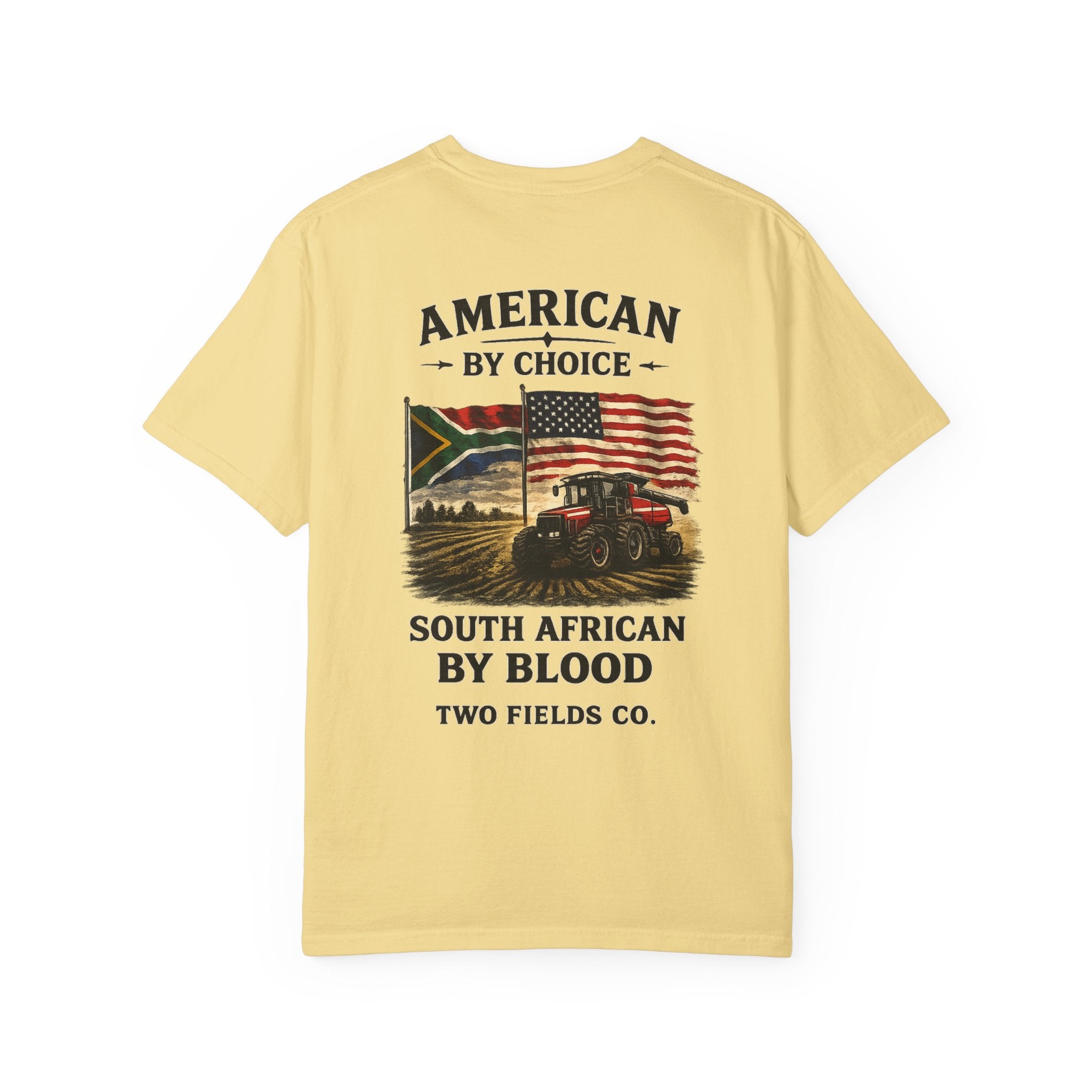 Butter yellow T-shirt with large front graphic text and flags
