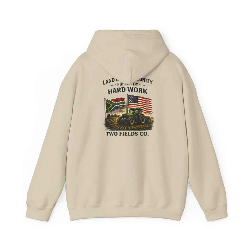 Cream hoodie with front tractor graphic, “Hard Work” text, and “Two Fields Co.”
