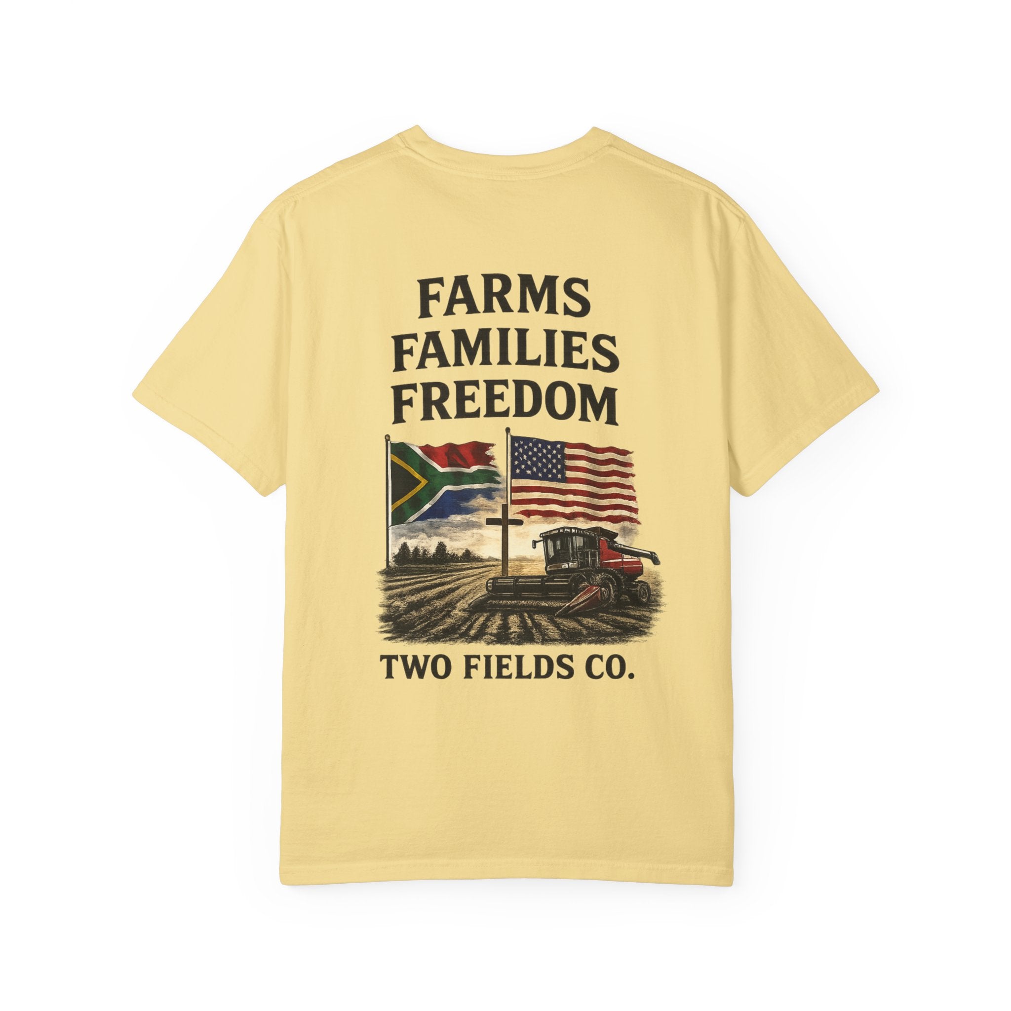 Yellow graphic farm T-shirt with 'FARMS FAMILIES FREEDOM' and tractor print