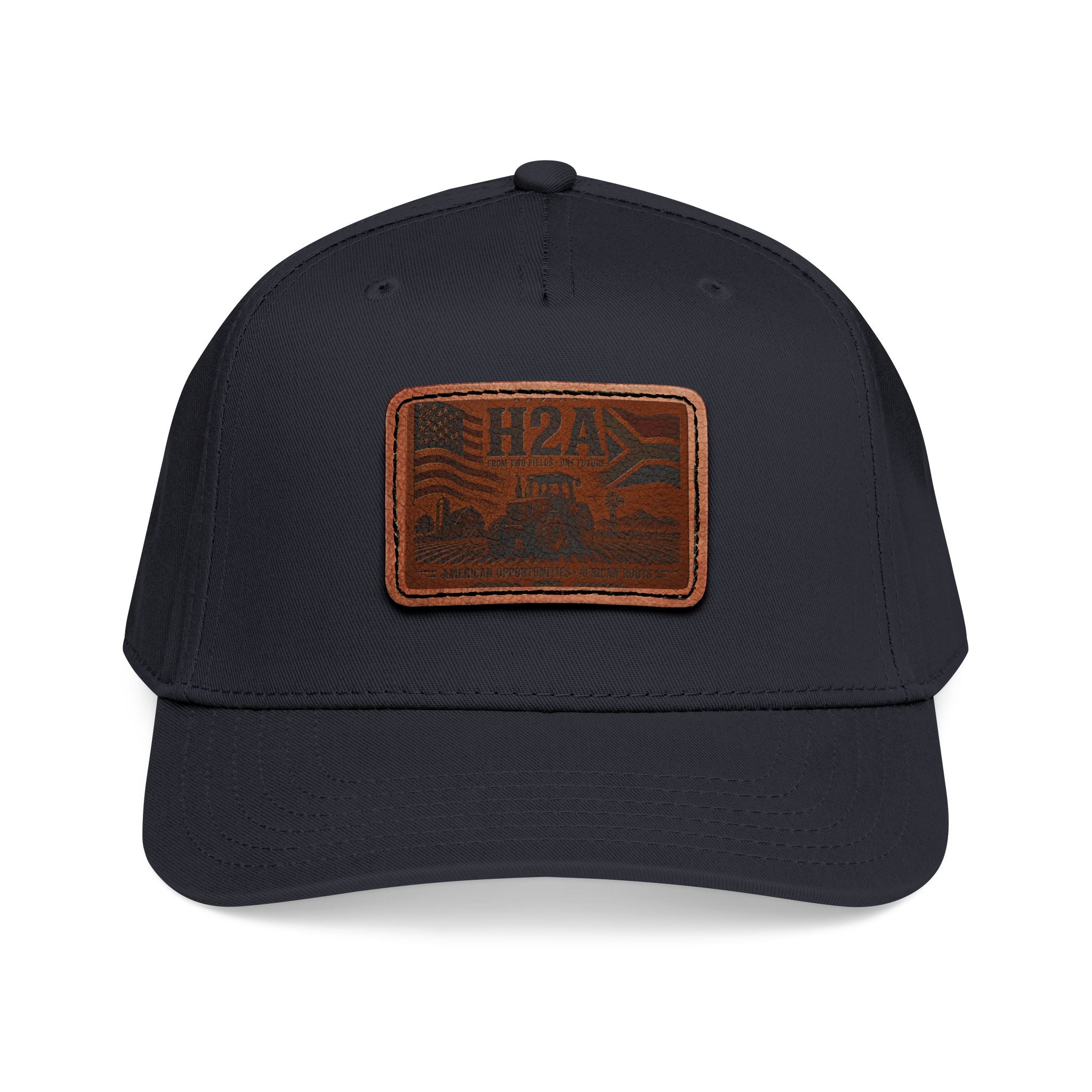 Navy baseball cap with rectangular leather H2A patch logo on the front panel