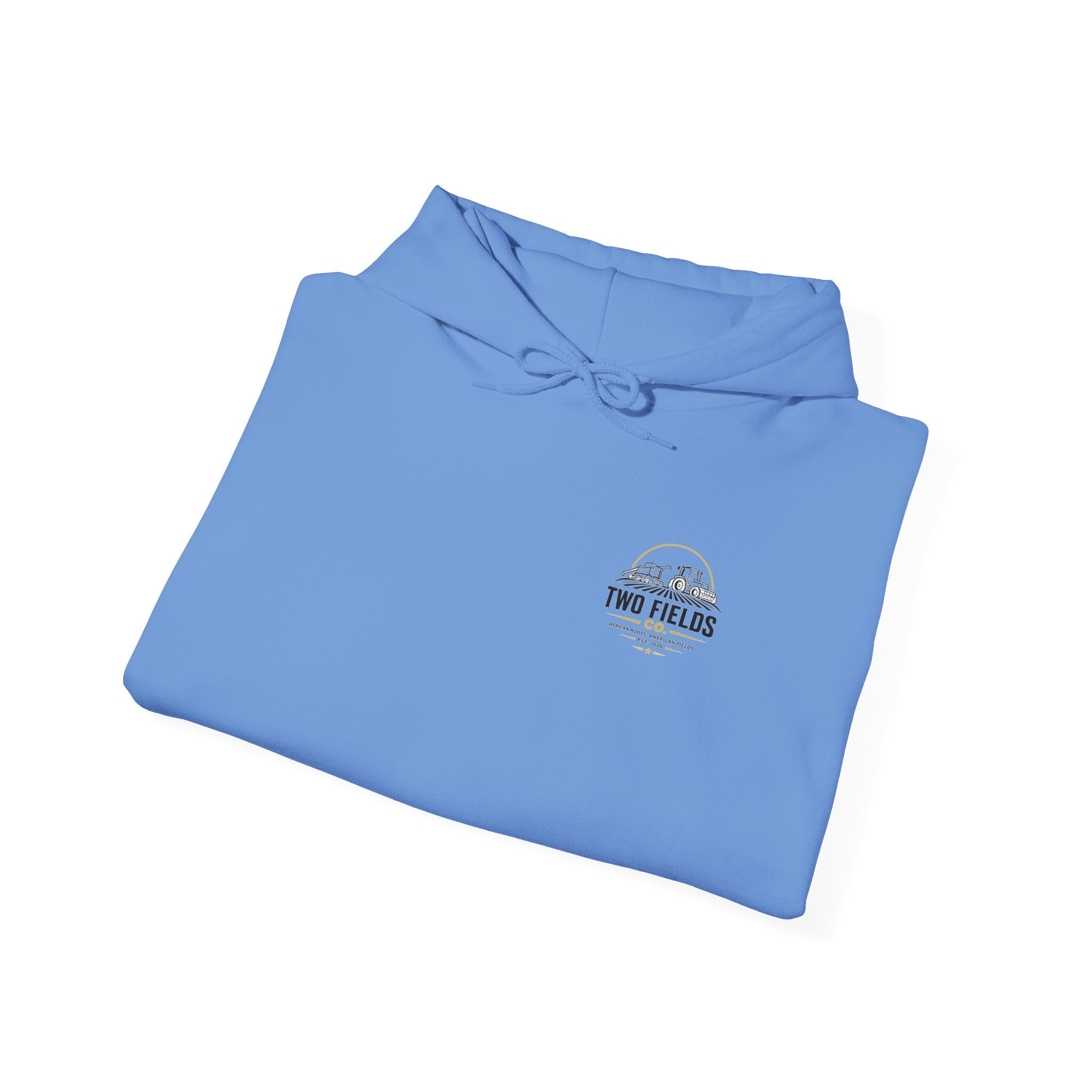 Light blue Christian hoodie folded, chest logo and Two Fields Co. emblem