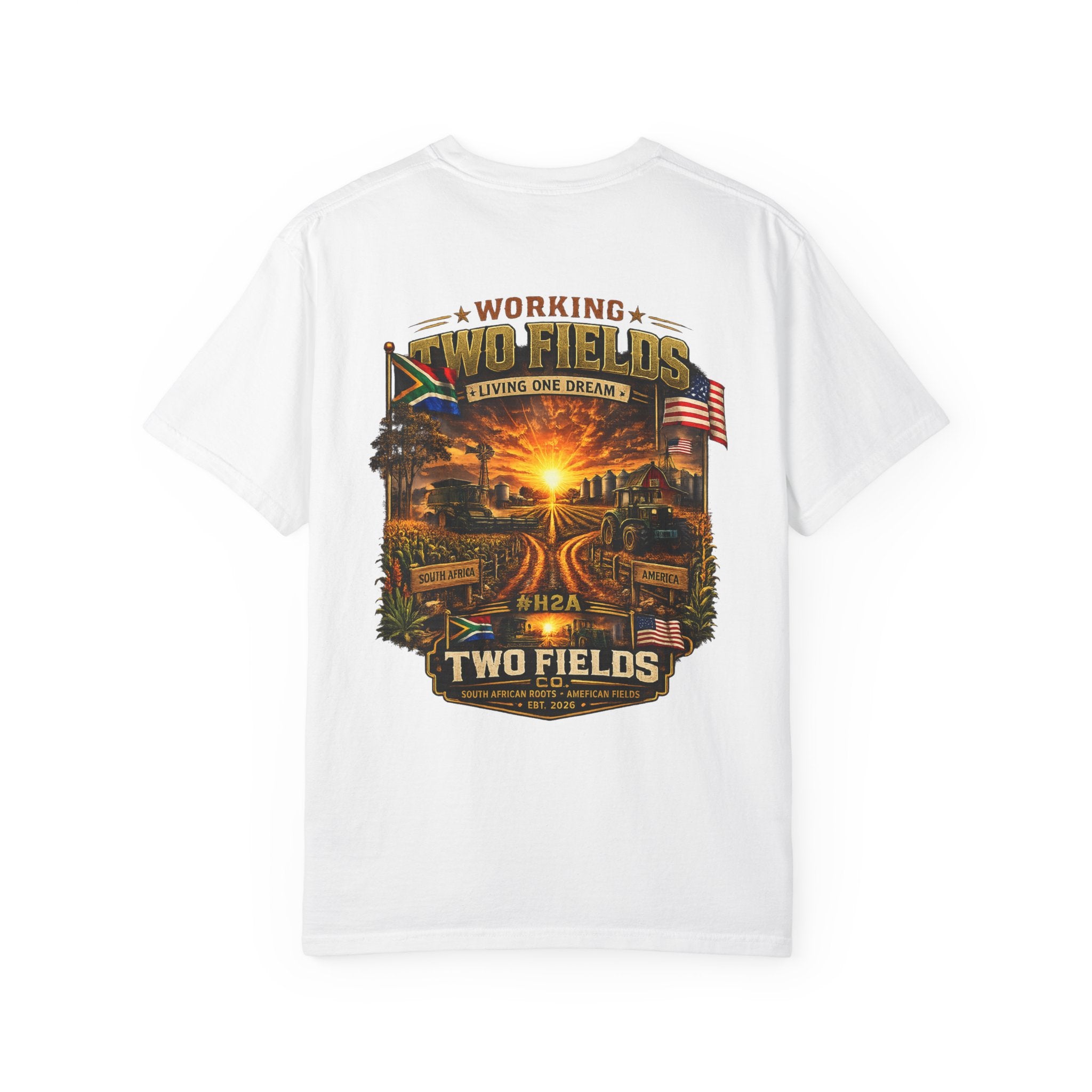 White graphic T-shirt with large back farming sunset scene print