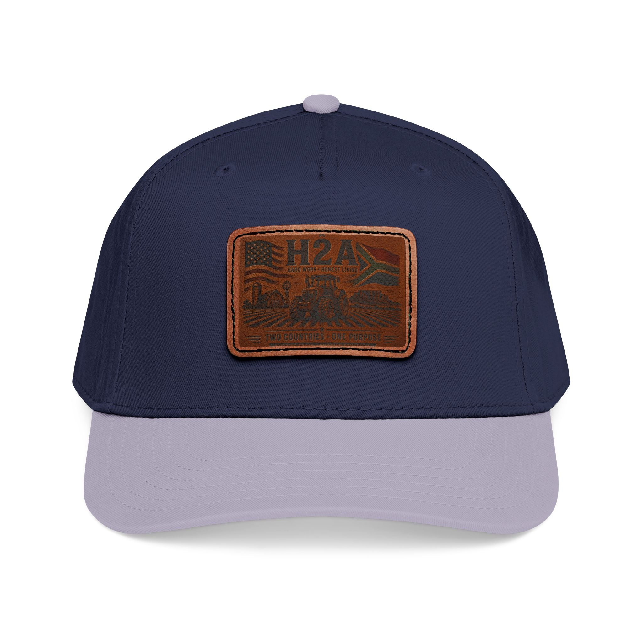 Two-tone baseball cap with rectangular H2A patch, navy crown and light gray brim.