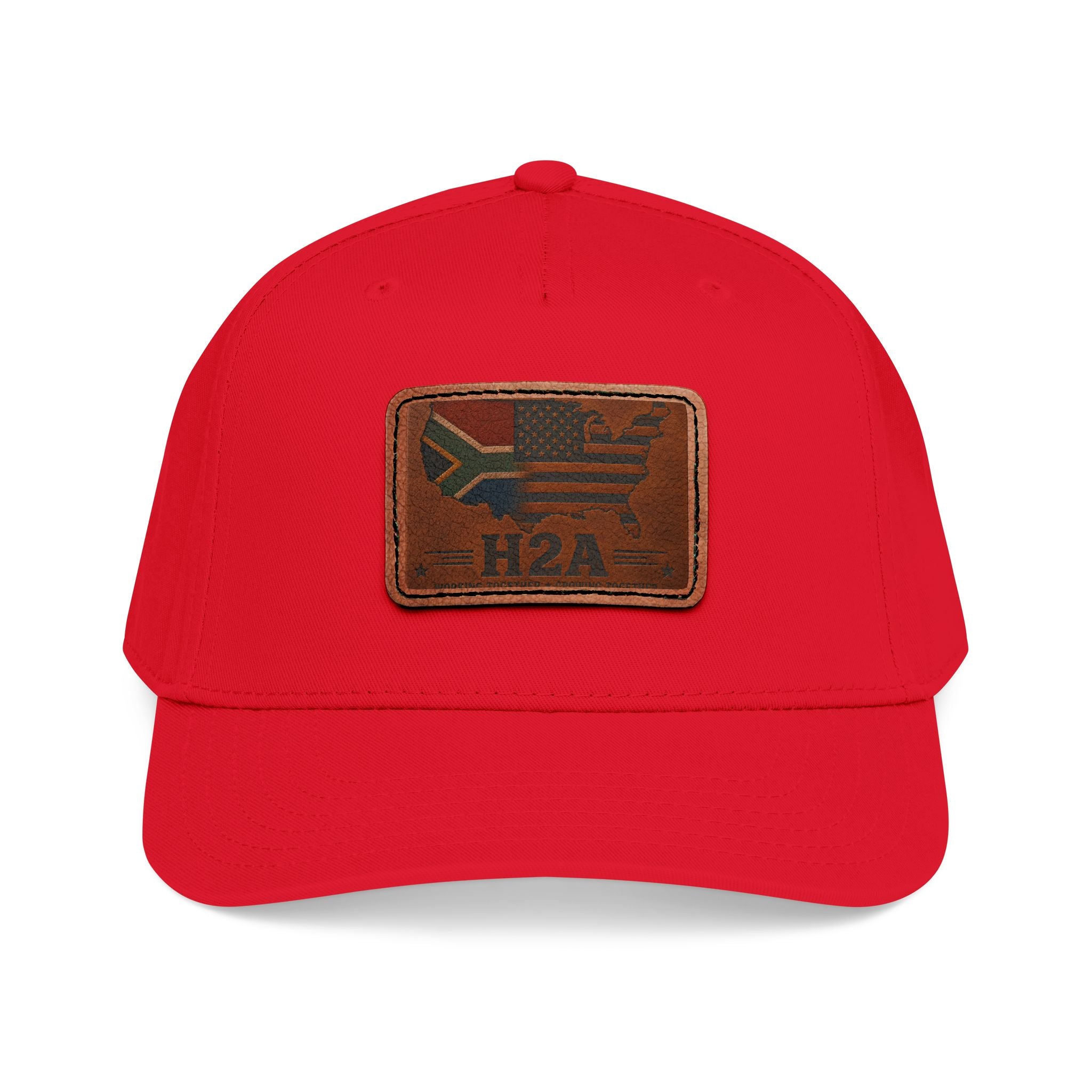 Red leather patch baseball cap with rectangular H2A flag patch on front