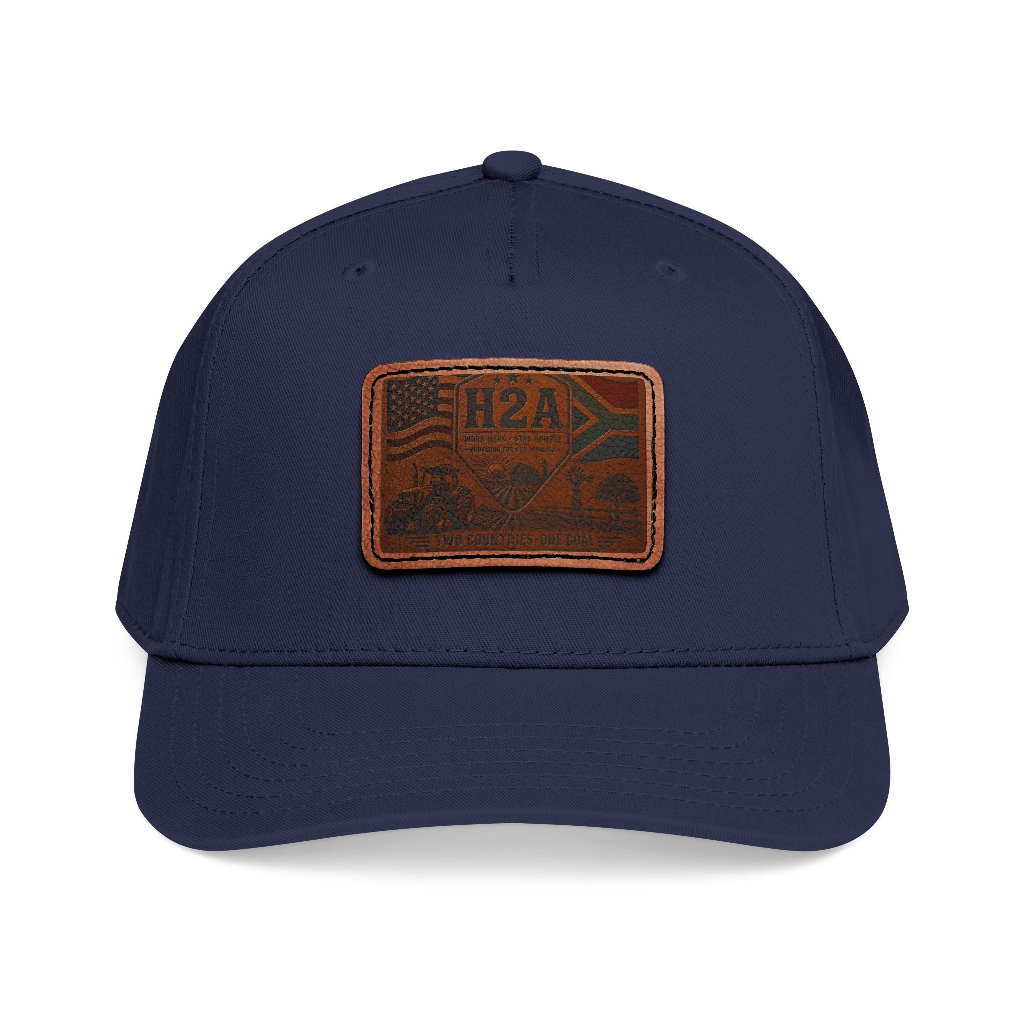 Navy baseball cap with dark navy brim and rectangular H2A flag leather patch on front
