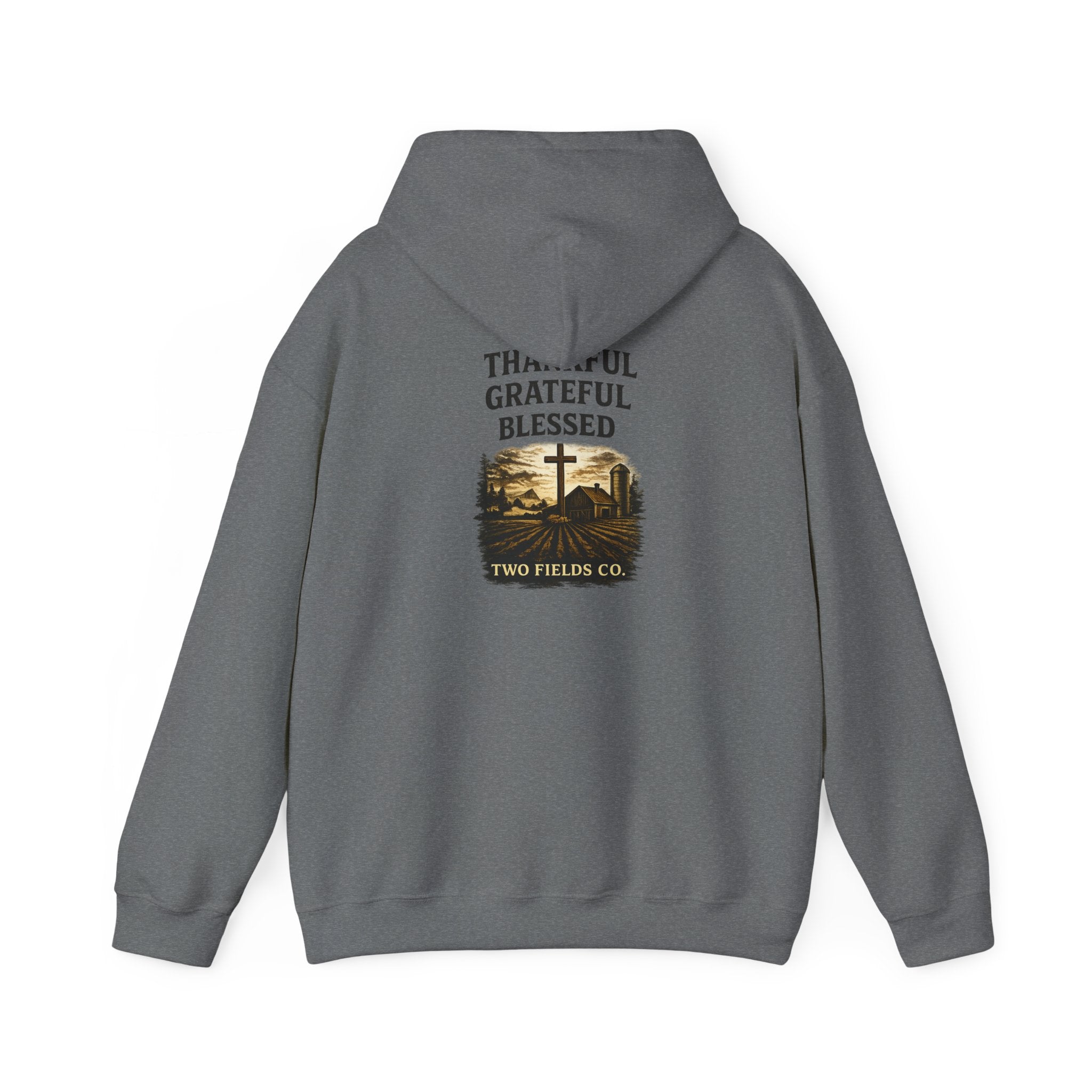 Gray pullover hoodie with back print: Thankful Grateful Blessed cross and house graphic