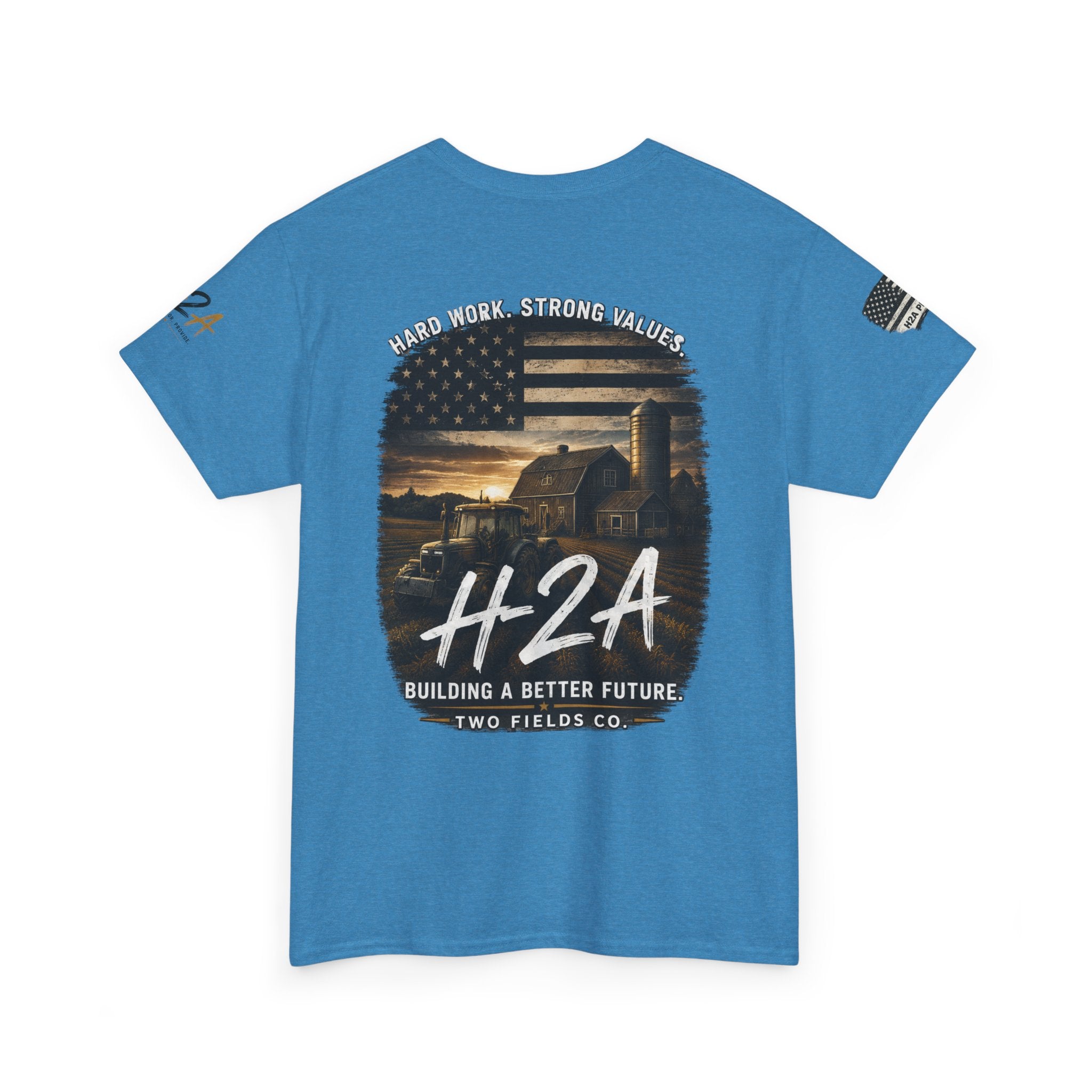 Blue farming T-shirt with front patriotic farm graphic and H2A lettering