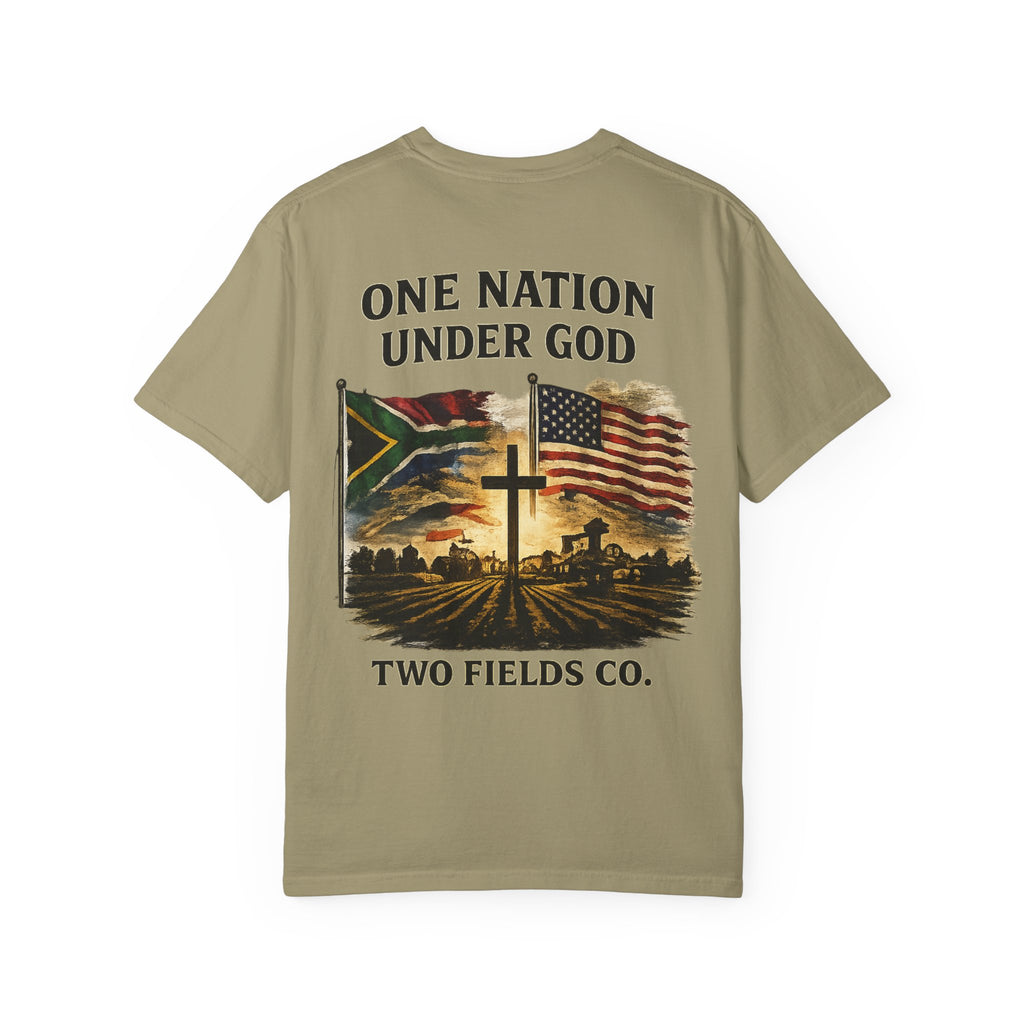 Olive T-shirt with large patriotic cross graphic and text on front