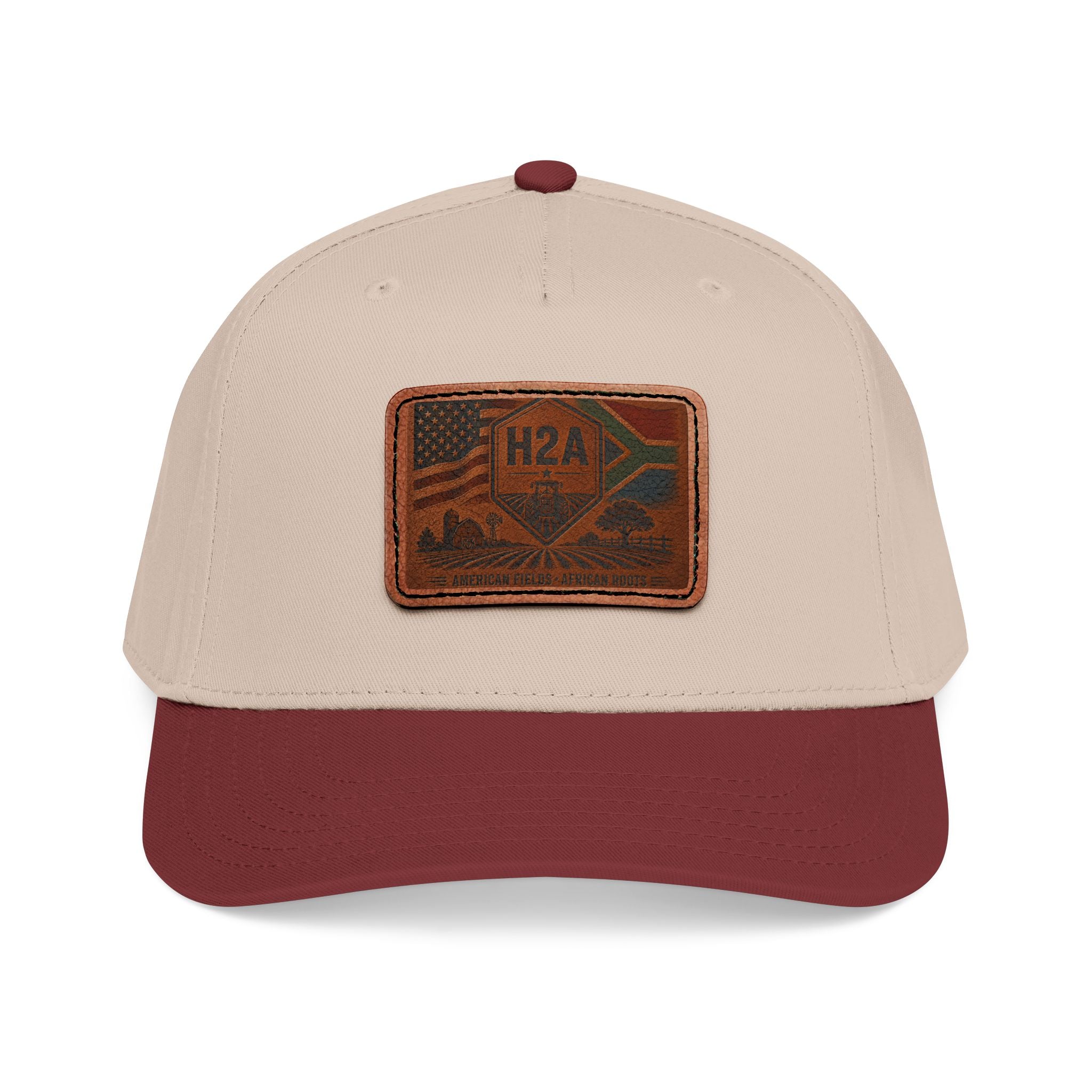 Beige baseball cap with maroon brim and rectangular H2A flag leather patch.