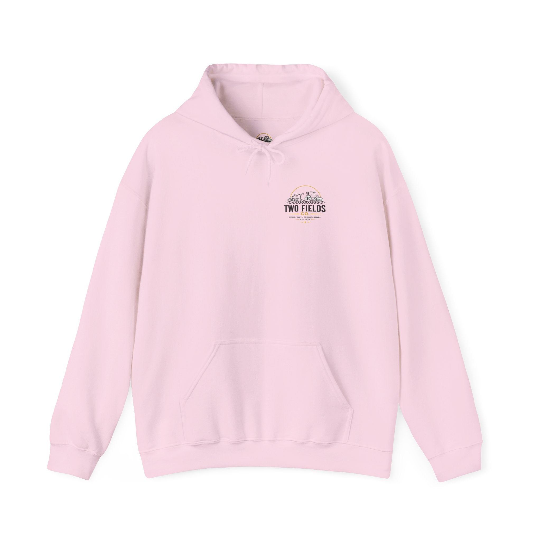 Light pink pullover hoodie with kangaroo pocket and small Two Fields chest logo.