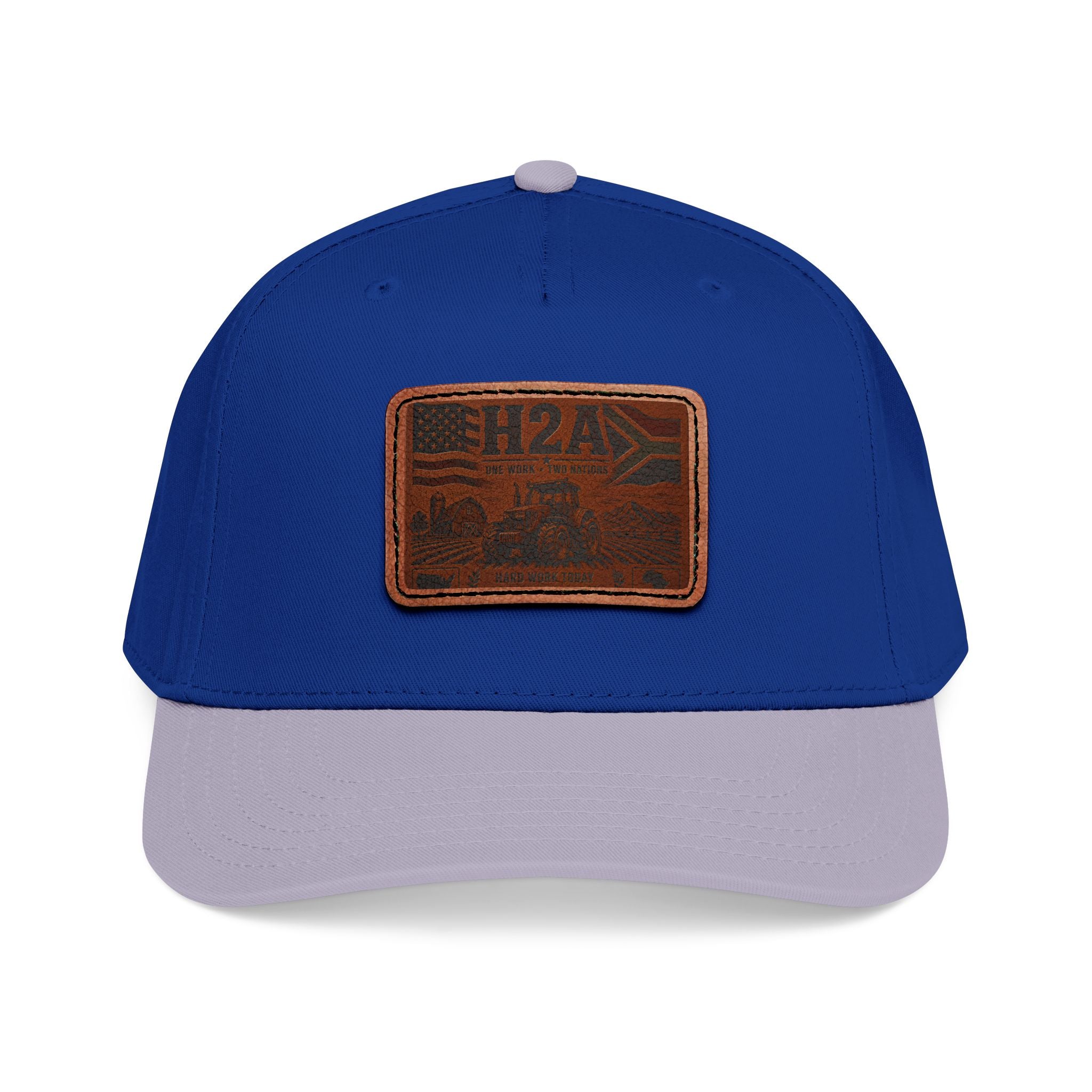 Leather patch baseball cap in royal blue with light brim and rectangular H2A truck patch