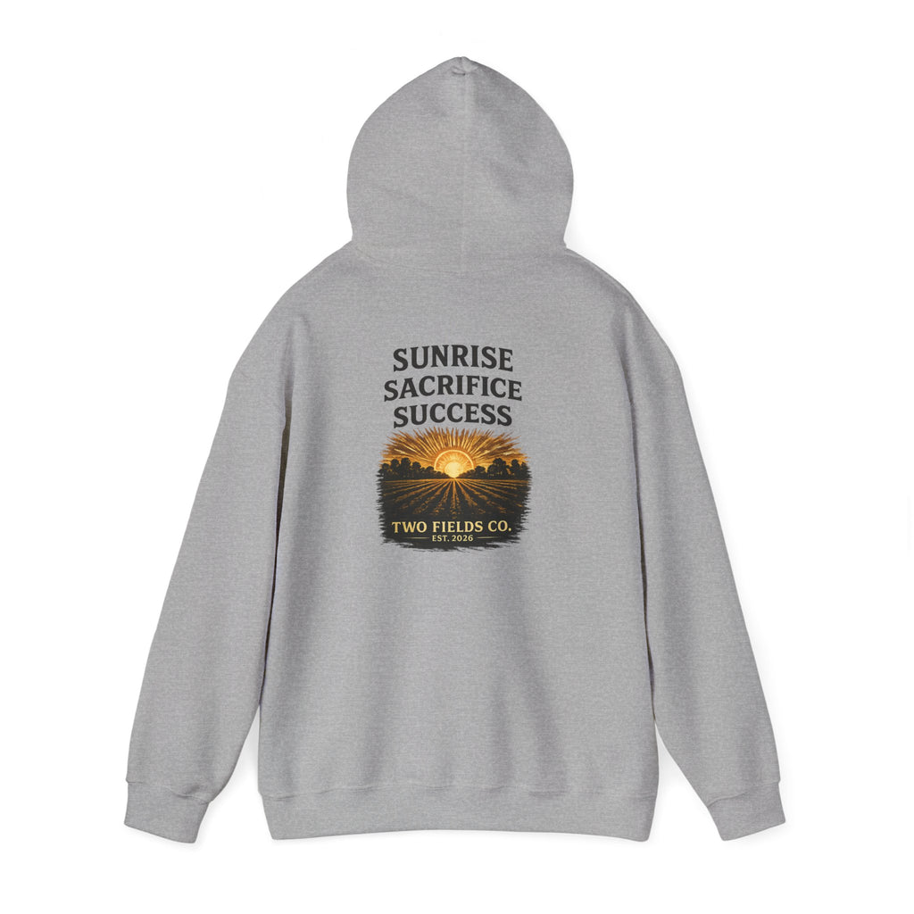 Heather gray hooded sweatshirt with back graphic “SUNRISE SACRIFICE SUCCESS”