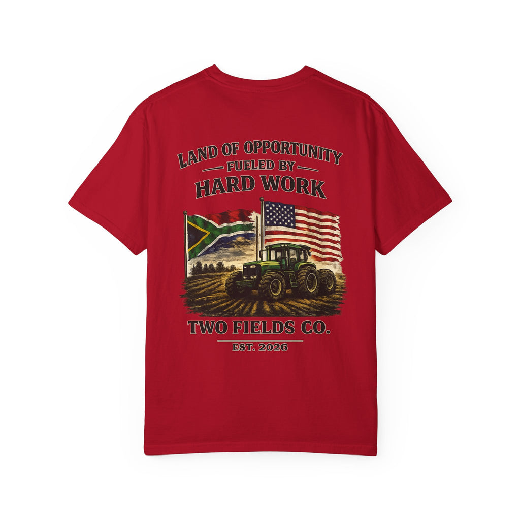 Red short-sleeve T-shirt with tractor scene and "Two Fields Co." graphic