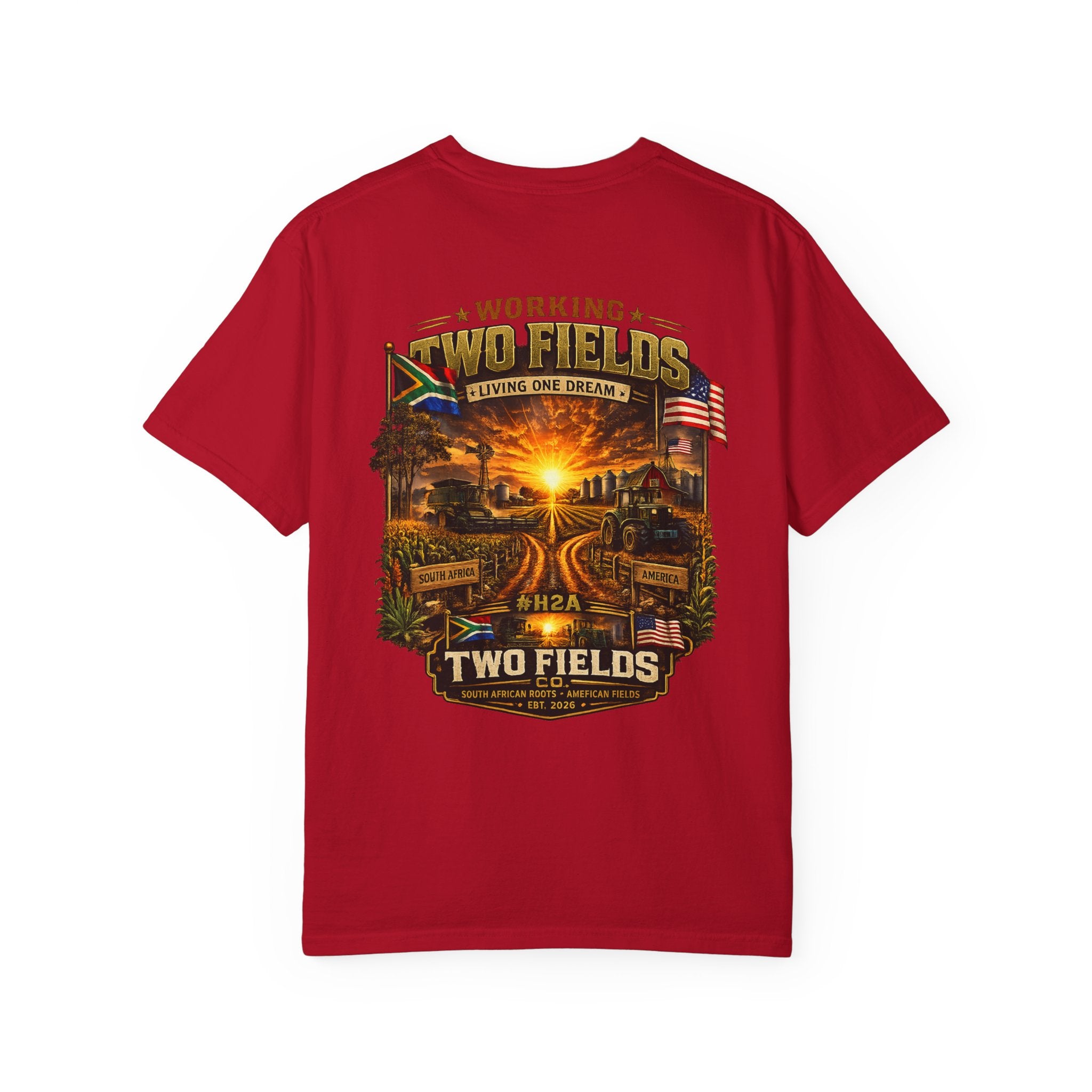 Red T-shirt with large “Two Fields” sunset graphic, crew neck, short sleeves.
