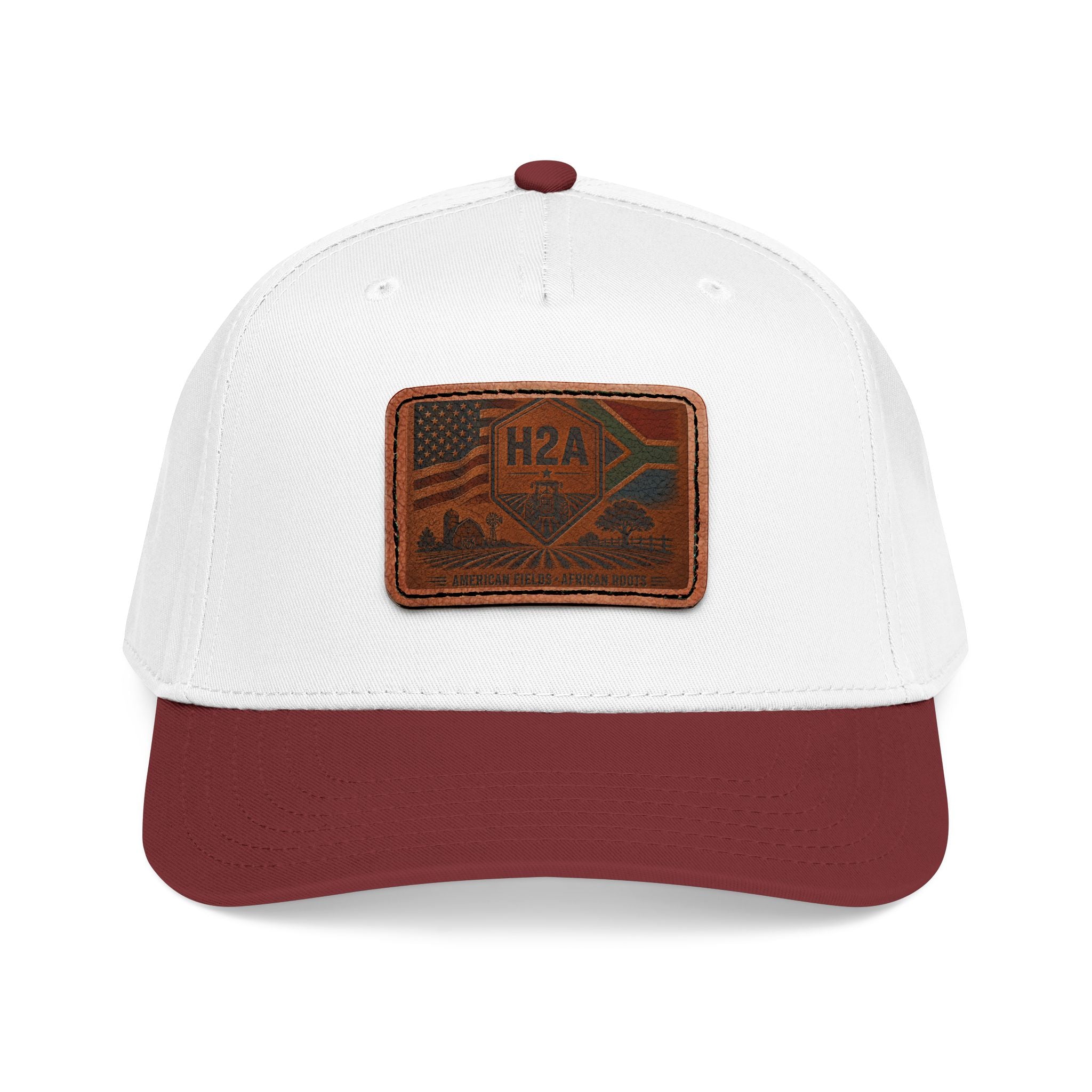 Two-tone baseball cap with white front and maroon brim, H2A rectangular patch