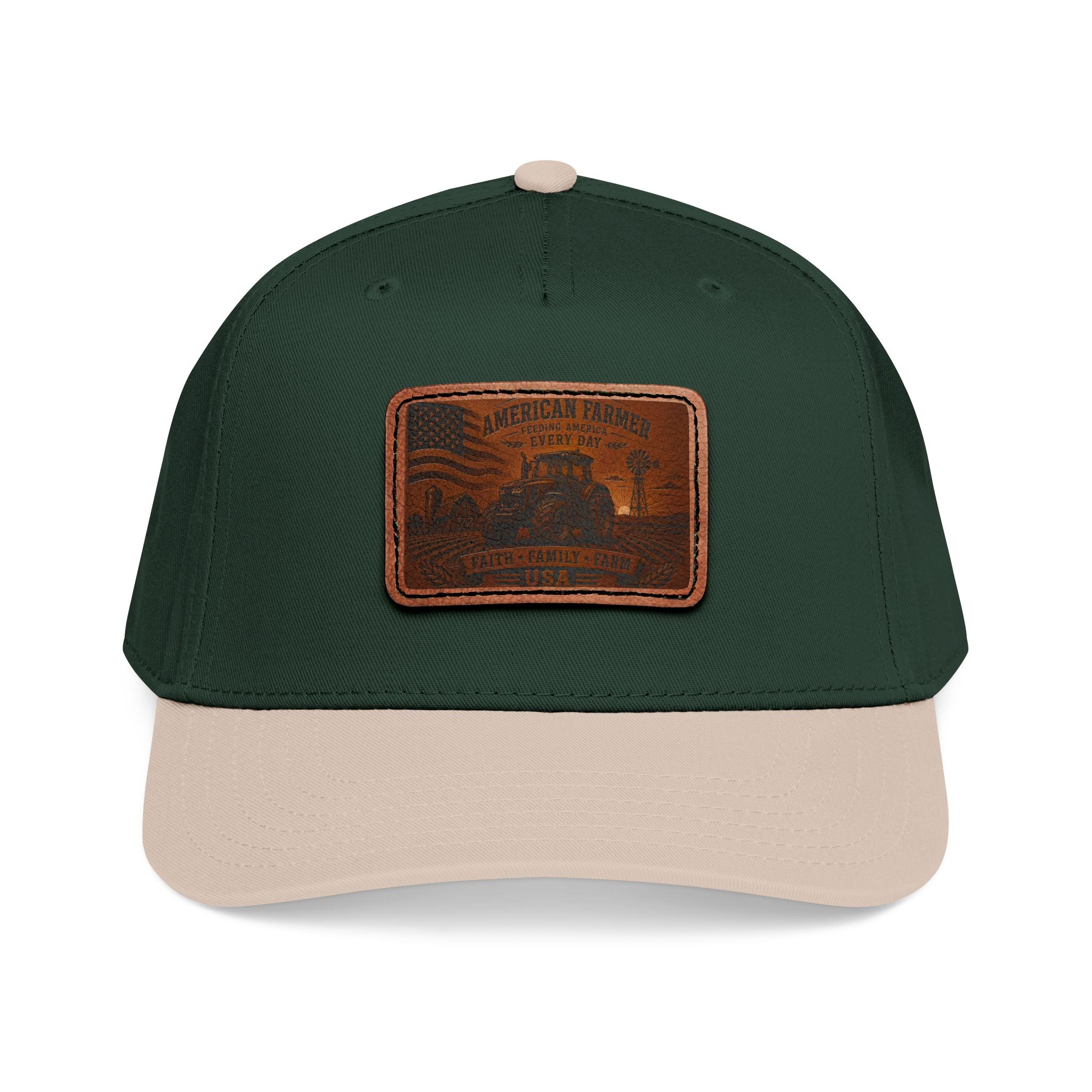 Leather patch baseball cap, dark green with tan front panel and rectangular leather patch