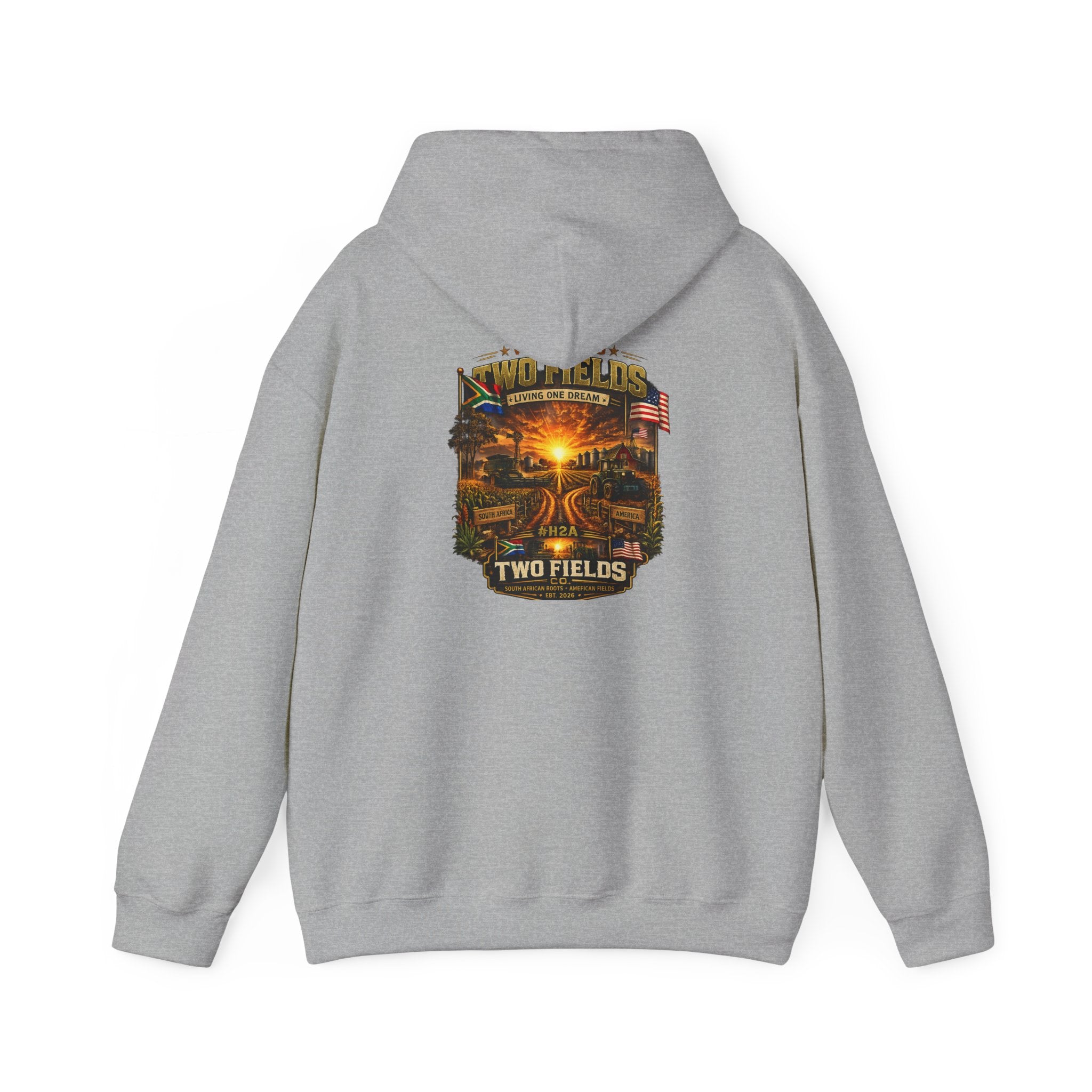 Gray pullover hoodie with front chest sunset farm graphic