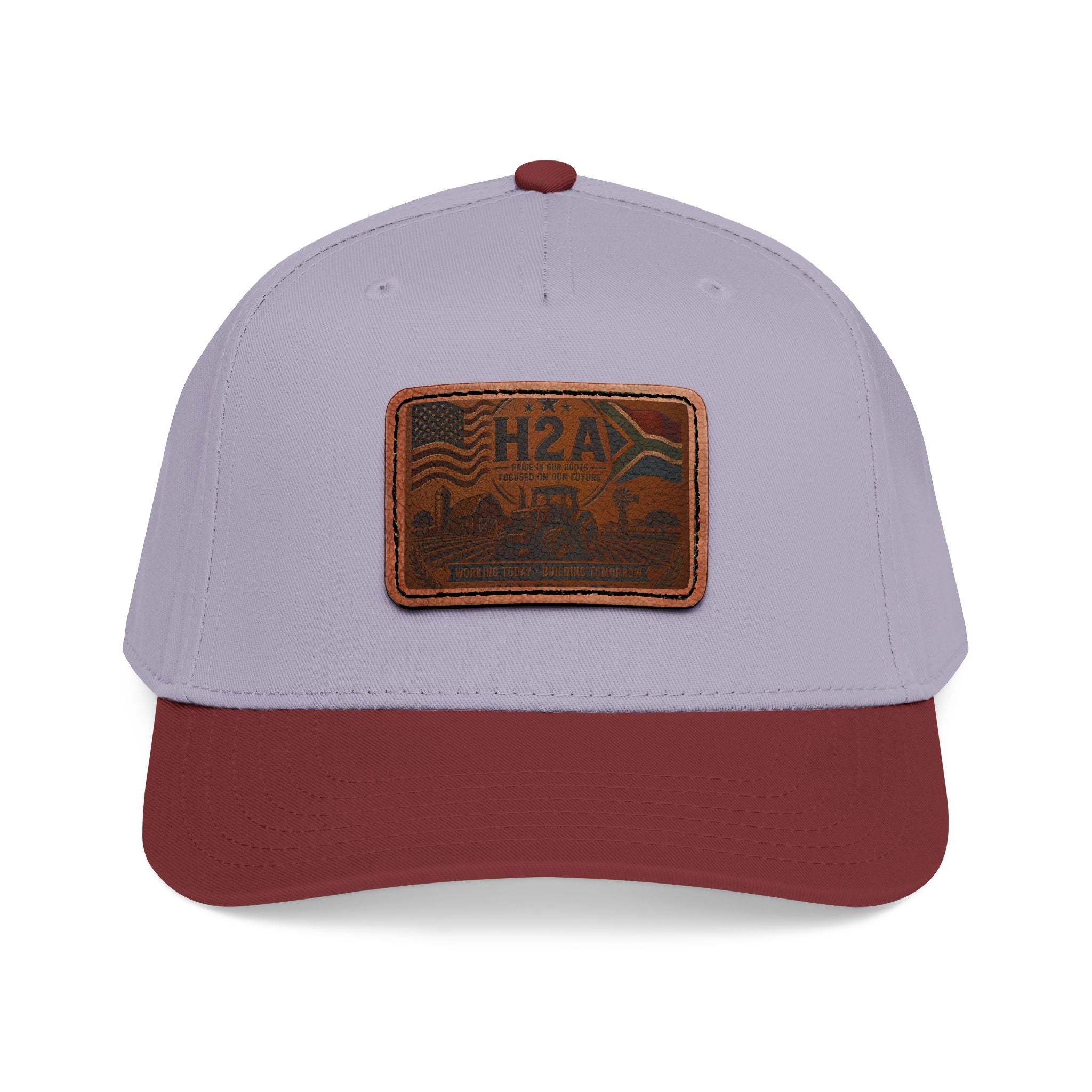 Two-tone baseball cap with H2A leather patch; light gray crown and maroon brim