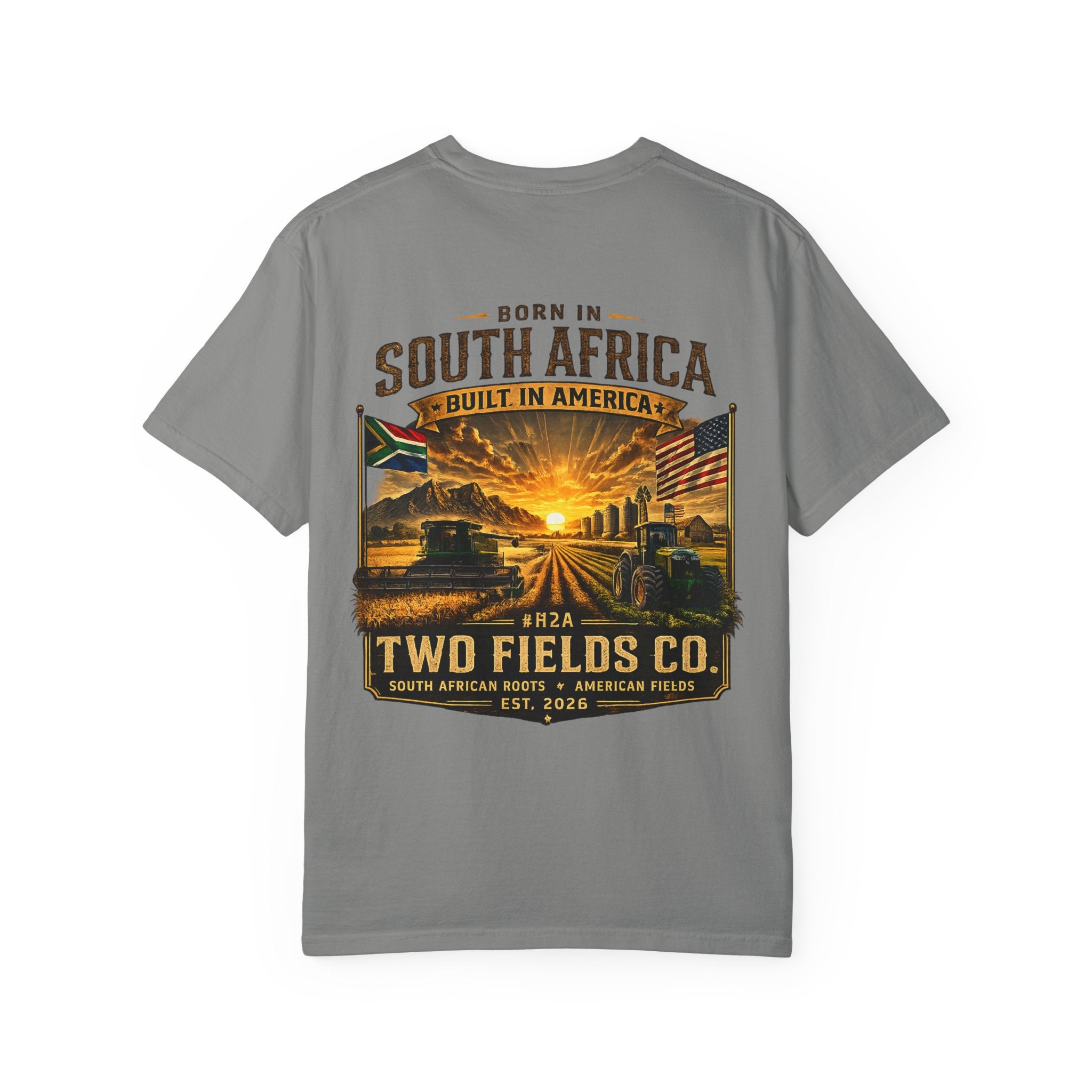 Grey crew-neck T-shirt with large centered graphic print on the front
