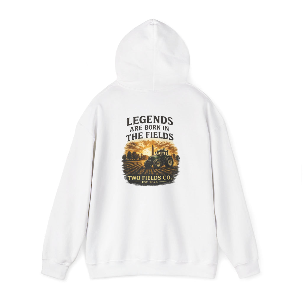 Two Fields white hoodie with large back text: legends are born in the fields